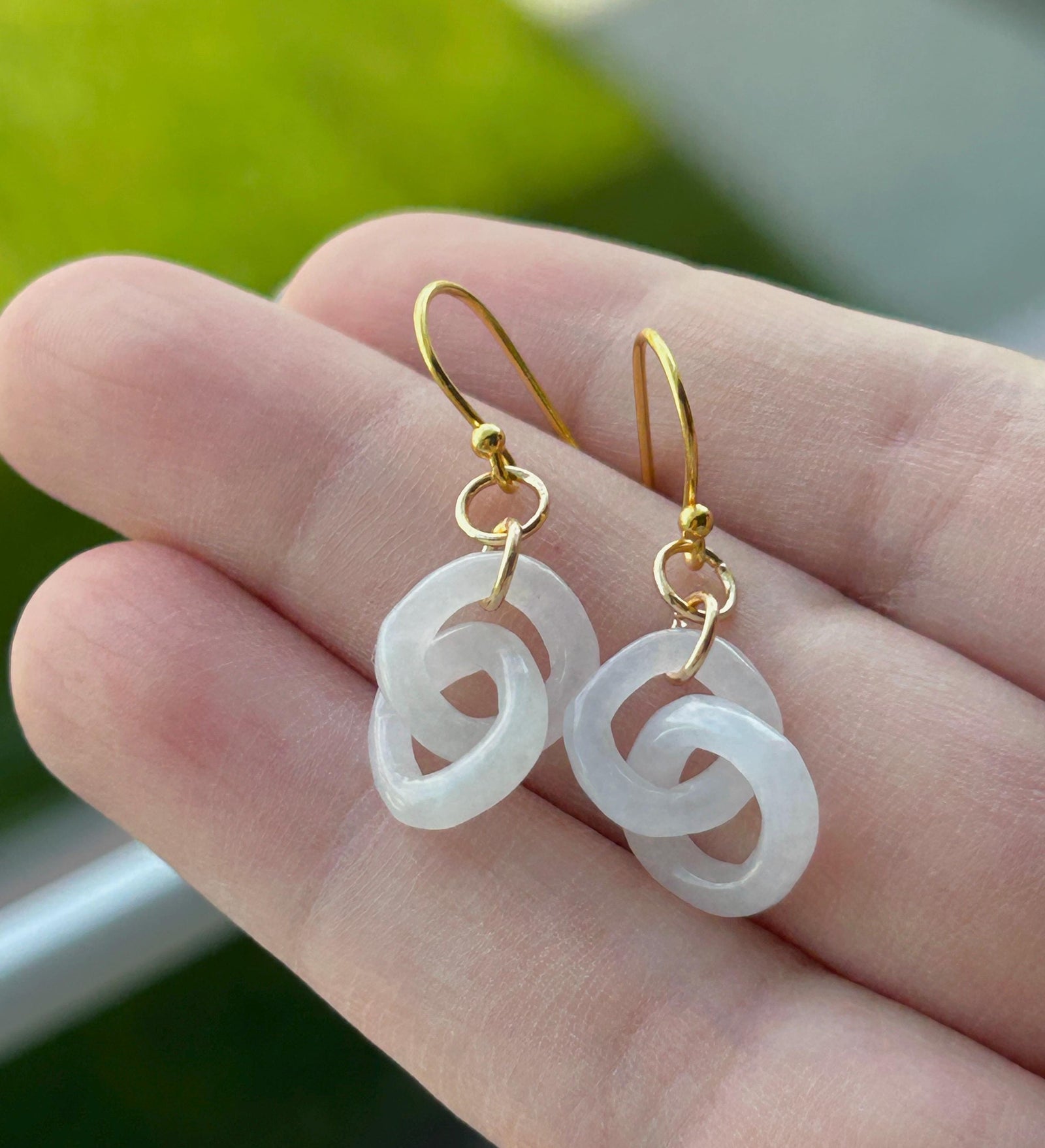 Natural Jadeite Interlocking Ring Earrings: Burmese Type A Untreated Icy Translucent White Jade, 18k Gold Vermeil Hooks| Minimalist Jewelry