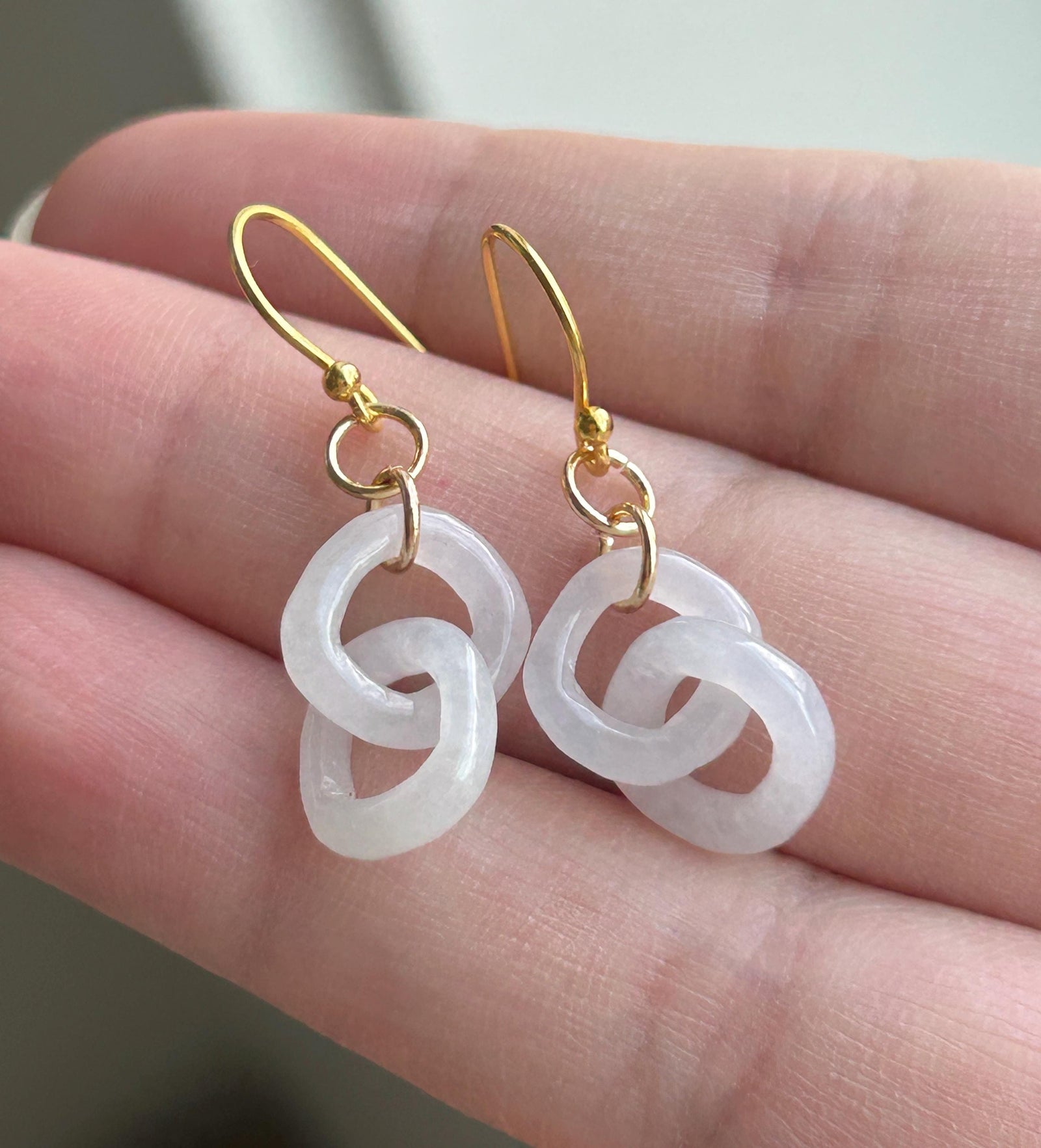 Natural Jadeite Interlocking Ring Earrings: Burmese Type A Untreated Icy Translucent White Jade, 18k Gold Vermeil Hooks| Minimalist Jewelry