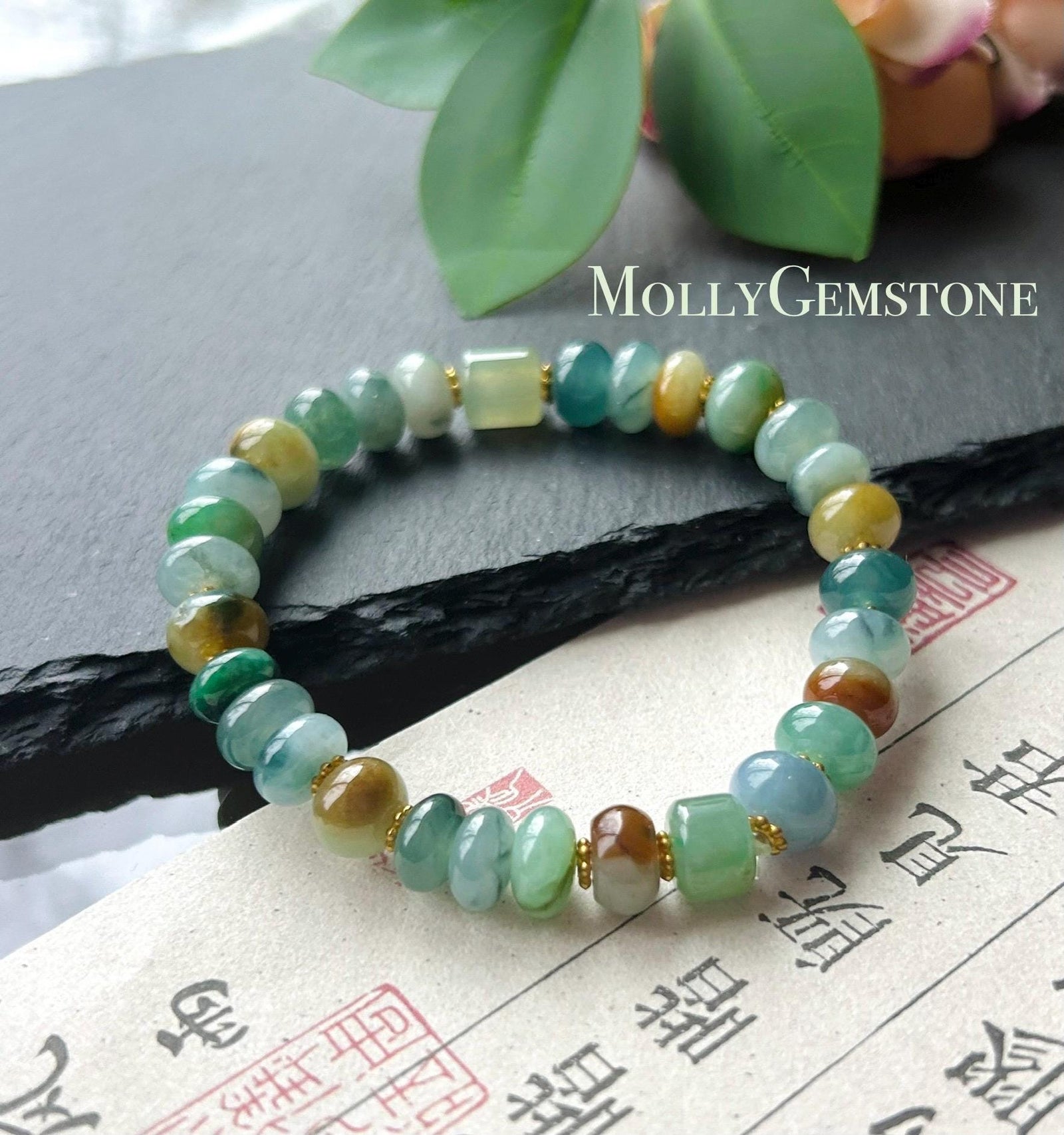 Natural Jadeite Beaded Bracelet Burmese Type A Translucent Icy Earthy Multicolor Floral Jade 8.5mm
