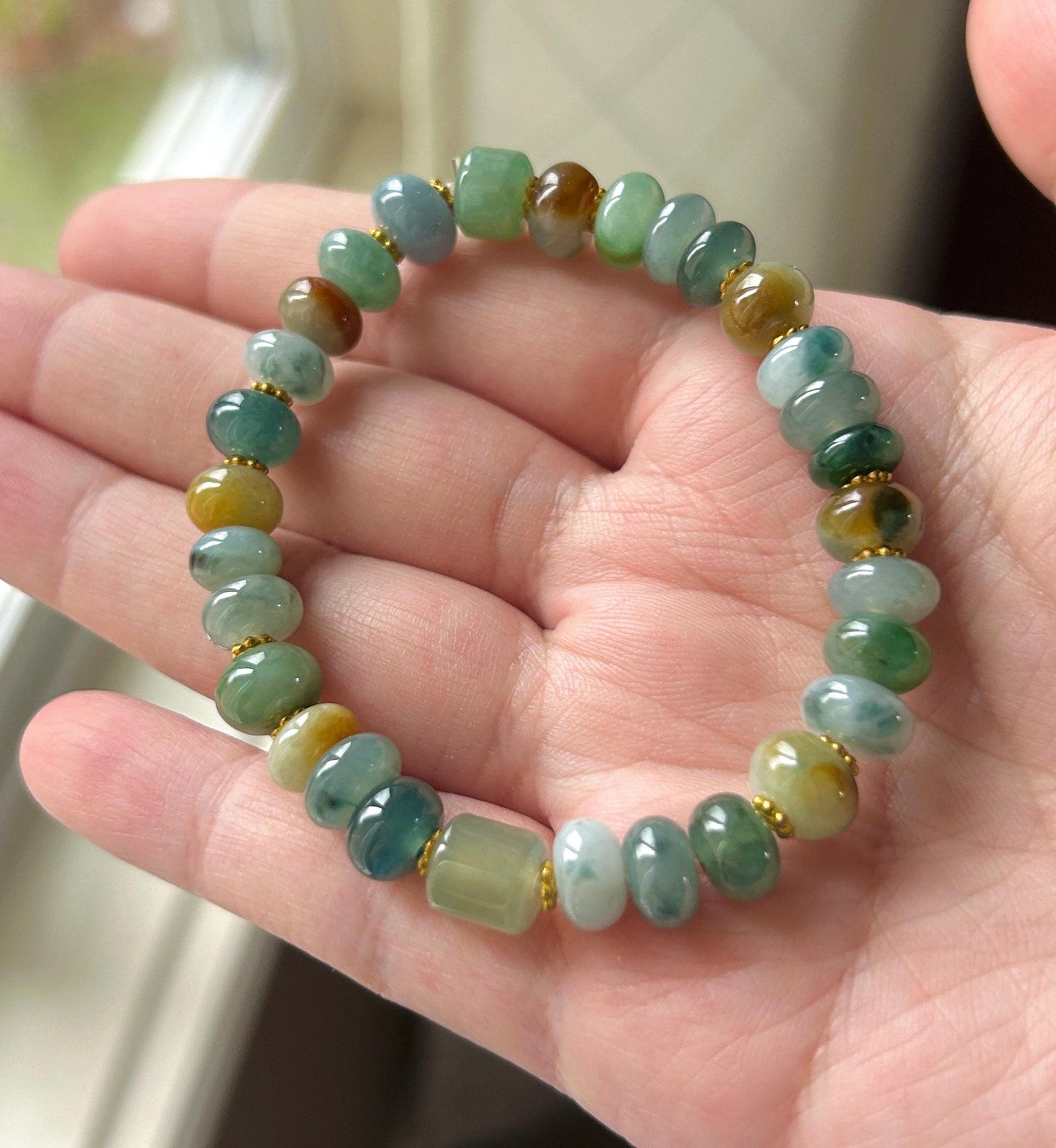 Natural Jadeite Beaded Bracelet Burmese Type A Translucent Icy Earthy Multicolor Floral Jade 8.5mm