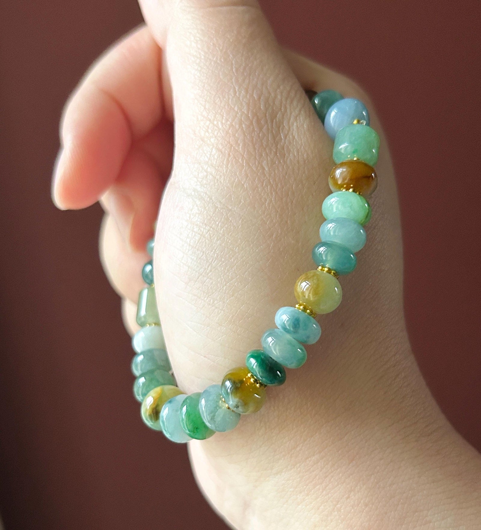Natural Jadeite Beaded Bracelet Burmese Type A Translucent Icy Earthy Multicolor Floral Jade 8.5mm