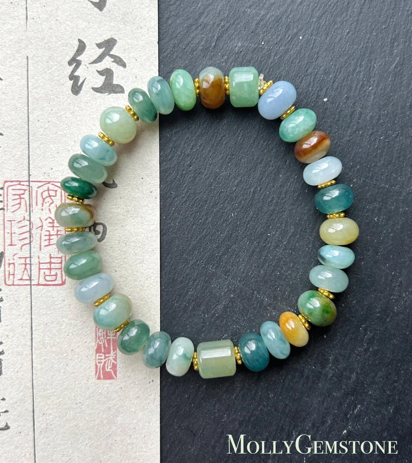 Natural Jadeite Beaded Bracelet Burmese Type A Translucent Icy Earthy Multicolor Floral Jade 8.5mm