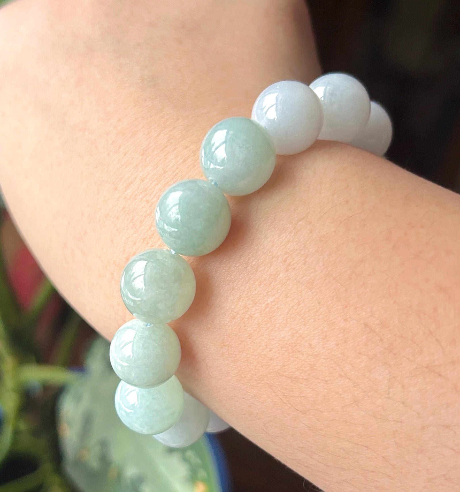 Natural Jadeite Beaded Bracelet Burmese Type A Untreated Icy Translucent Pastel Lavender & Green Gradient Jade 13mm BIG Beads