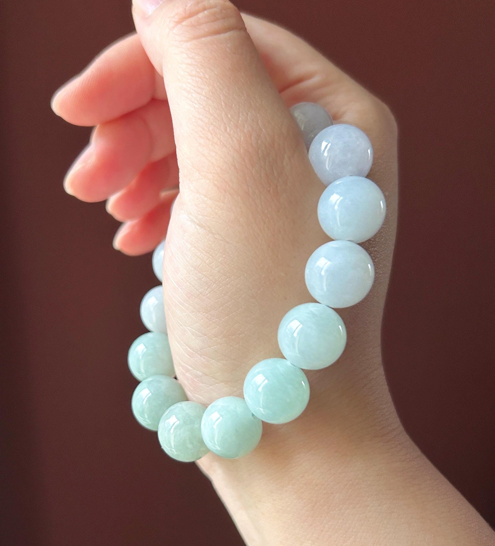 Natural Jadeite Beaded Bracelet Burmese Type A Untreated Icy Translucent Pastel Lavender & Green Gradient Jade 13mm BIG Beads
