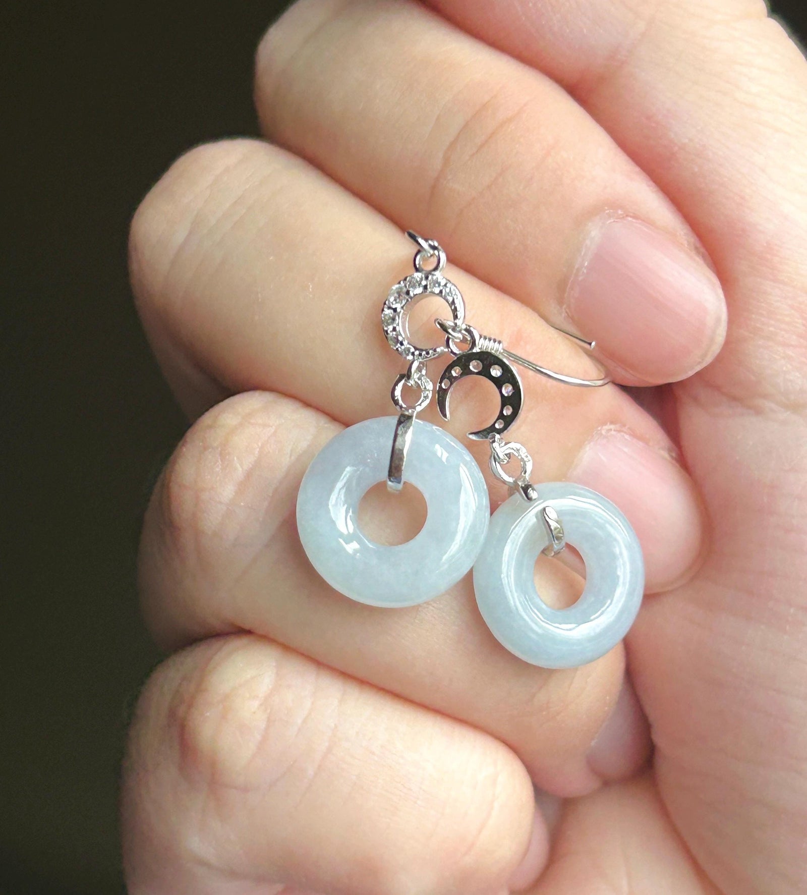Natural Jadeite Lucky Donut Earrings: Burmese Type A Untreated Icy Translucent Light Lavender Blue Jade, Sterling Silver