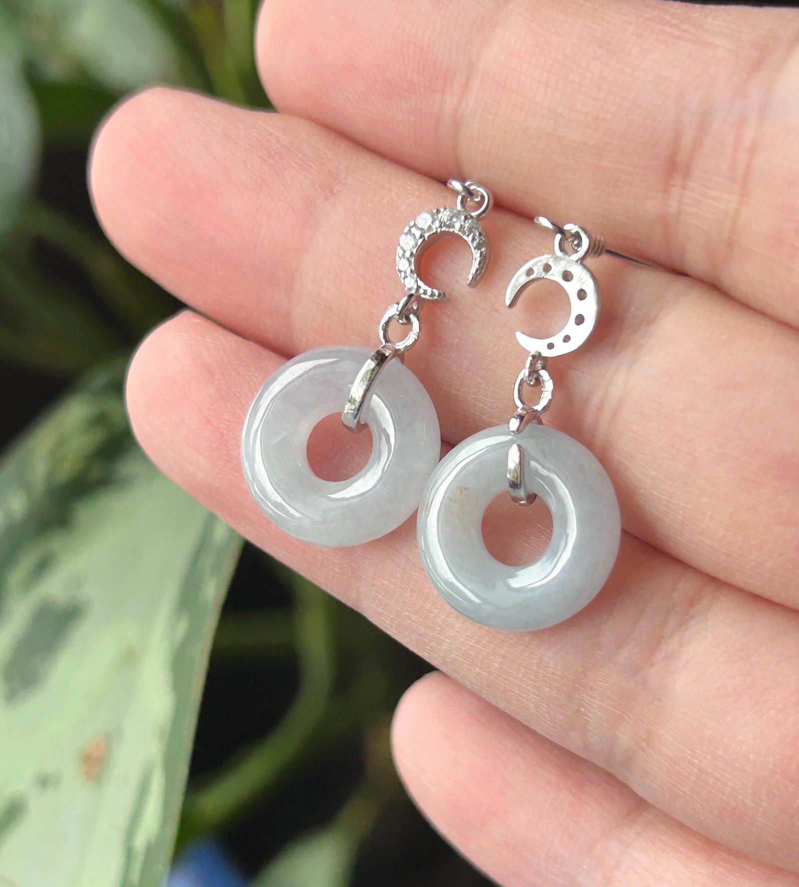 Natural Jadeite Lucky Donut Earrings: Burmese Type A Untreated Icy Translucent Light Lavender Blue Jade, Sterling Silver
