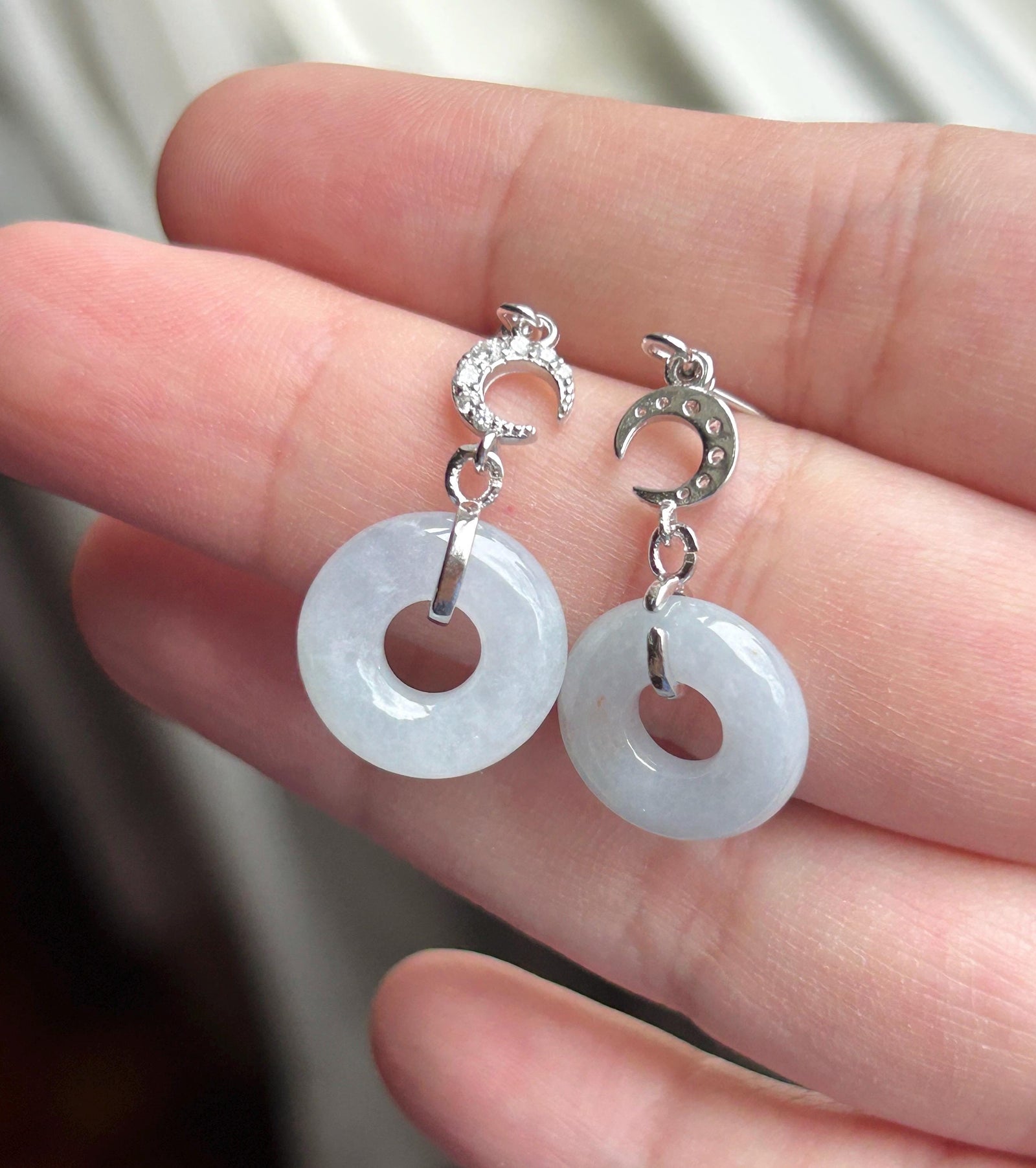 Natural Jadeite Lucky Donut Earrings: Burmese Type A Untreated Icy Translucent Light Lavender Blue Jade, Sterling Silver