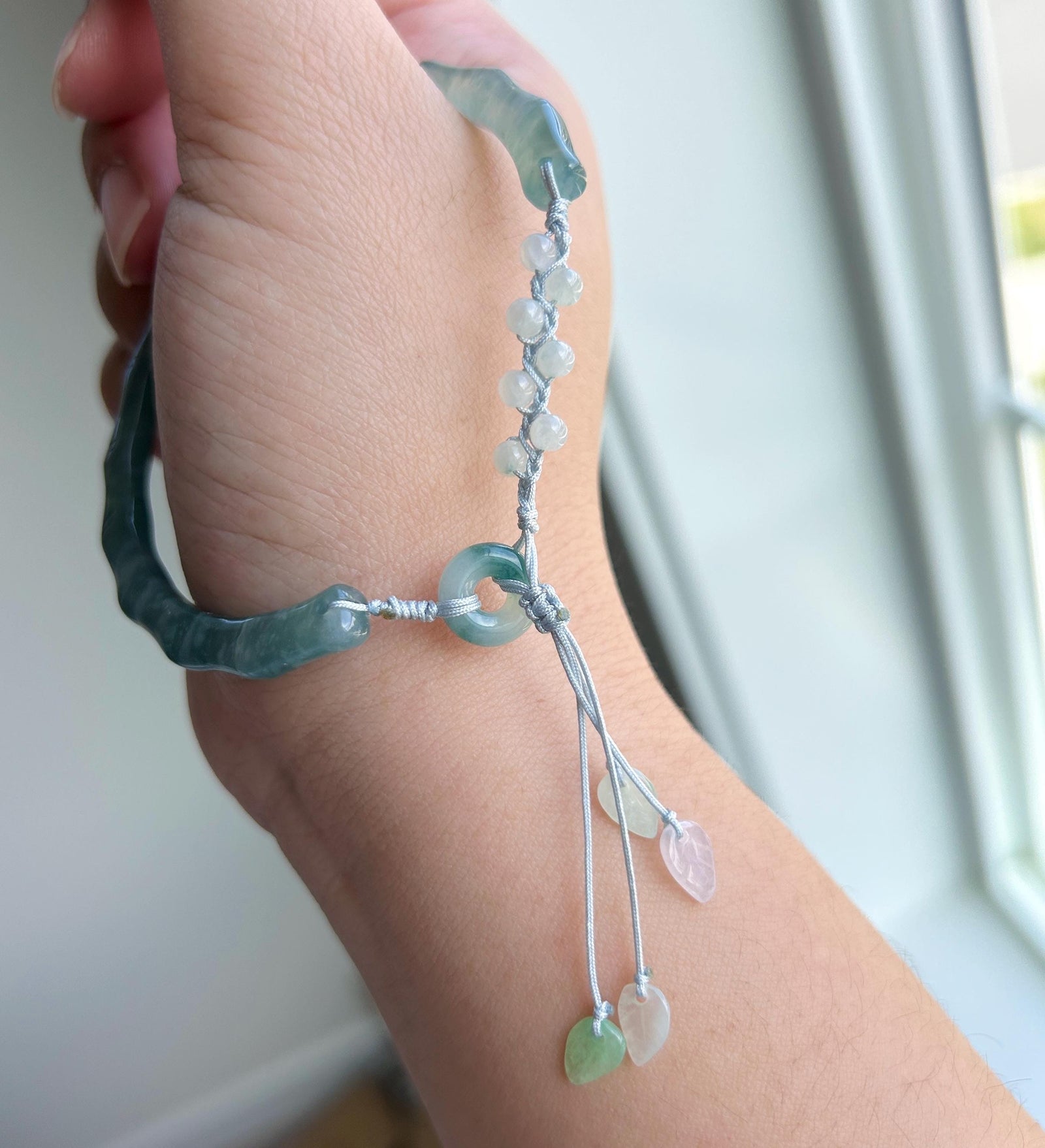 Natural Jadeite Bamboo Half Bangle Bracelet Adjustable 55–61mm Type A Highly Translucent Icy Blue Jade Handwoven Cord Minimalist Zen Style