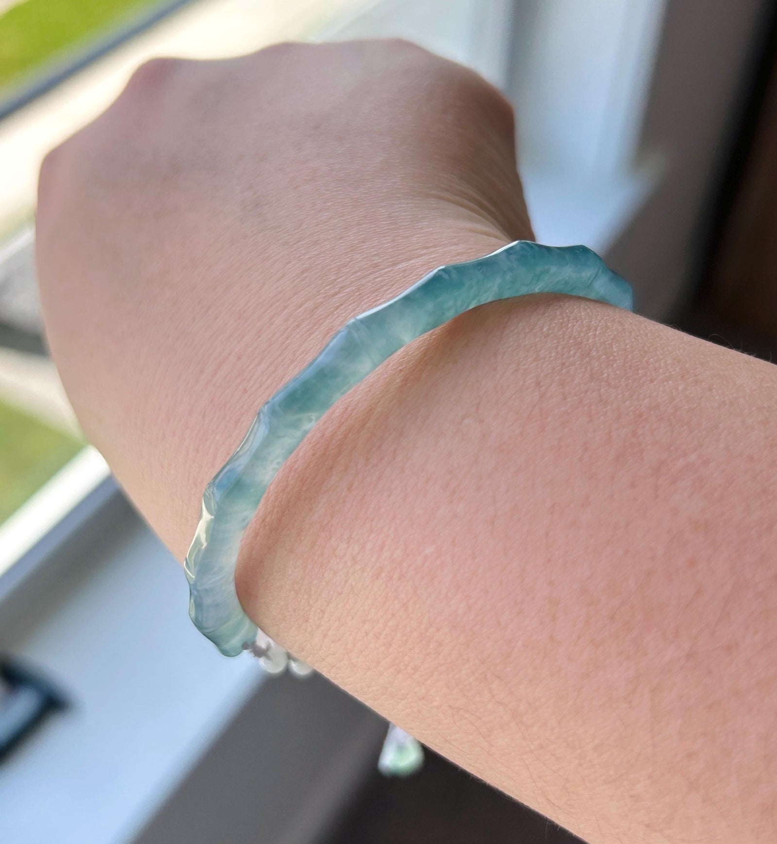 Natural Jadeite Bamboo Half Bangle Bracelet Adjustable 55–61mm Type A Highly Translucent Icy Blue Jade Handwoven Cord Minimalist Zen Style