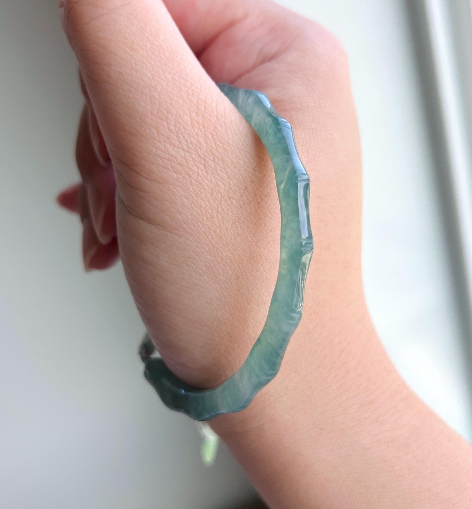 Natural Jadeite Bamboo Half Bangle Bracelet Adjustable 55–61mm Type A Highly Translucent Icy Blue Jade Handwoven Cord Minimalist Zen Style
