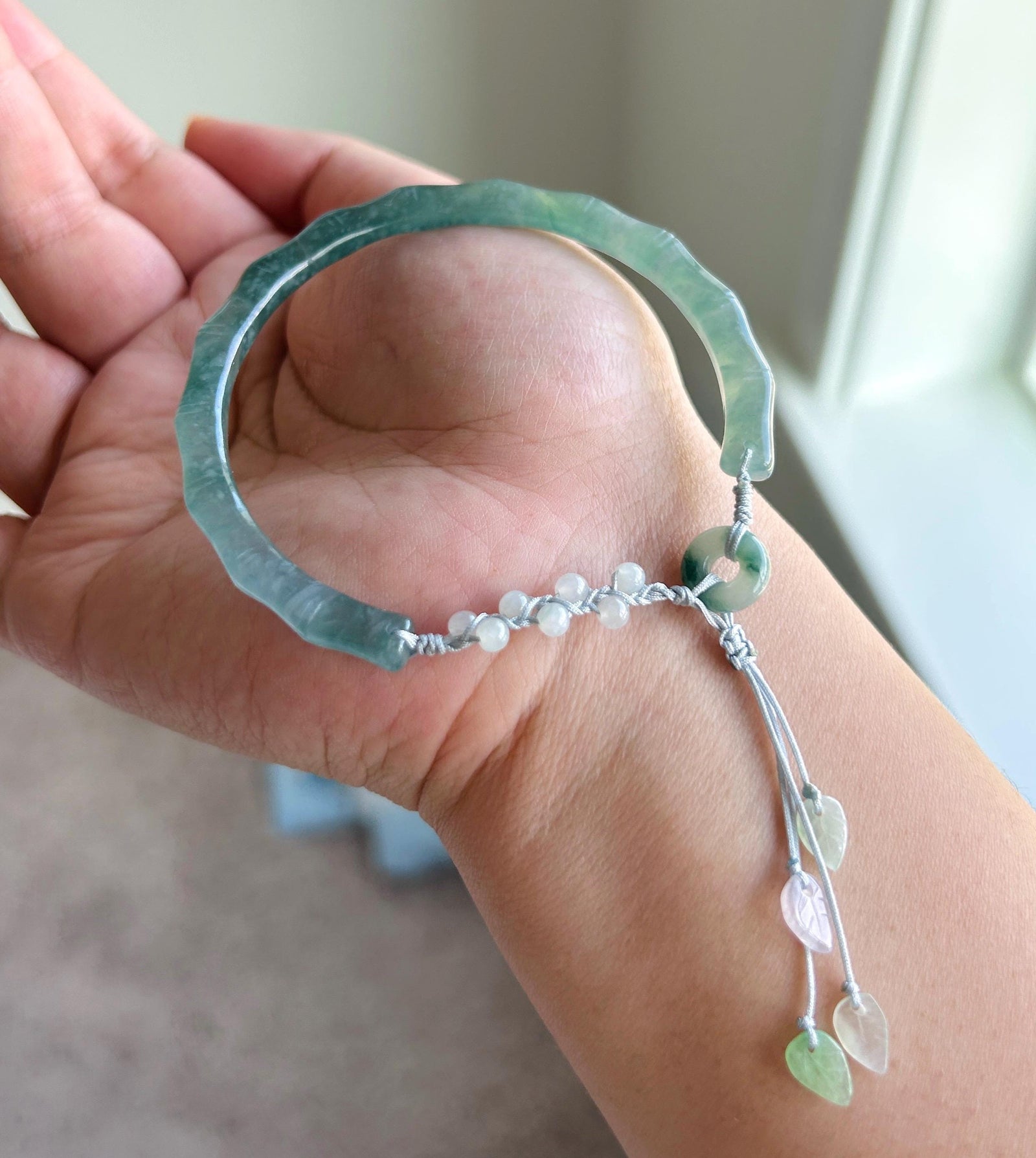 Natural Jadeite Bamboo Half Bangle Bracelet Adjustable 55–61mm Type A Highly Translucent Icy Blue Jade Handwoven Cord Minimalist Zen Style