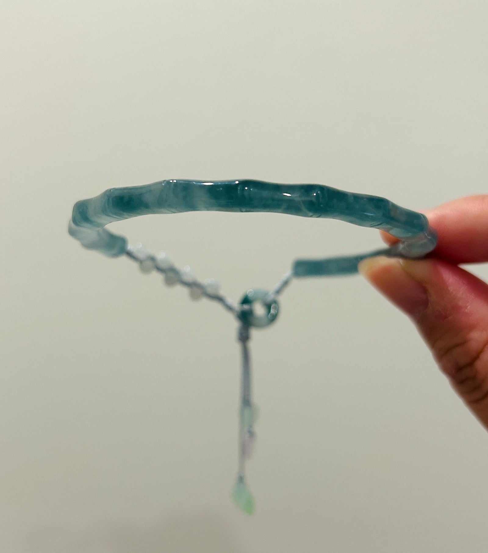 Natural Jadeite Bamboo Half Bangle Bracelet Adjustable 55–61mm Type A Highly Translucent Icy Blue Jade Handwoven Cord Minimalist Zen Style