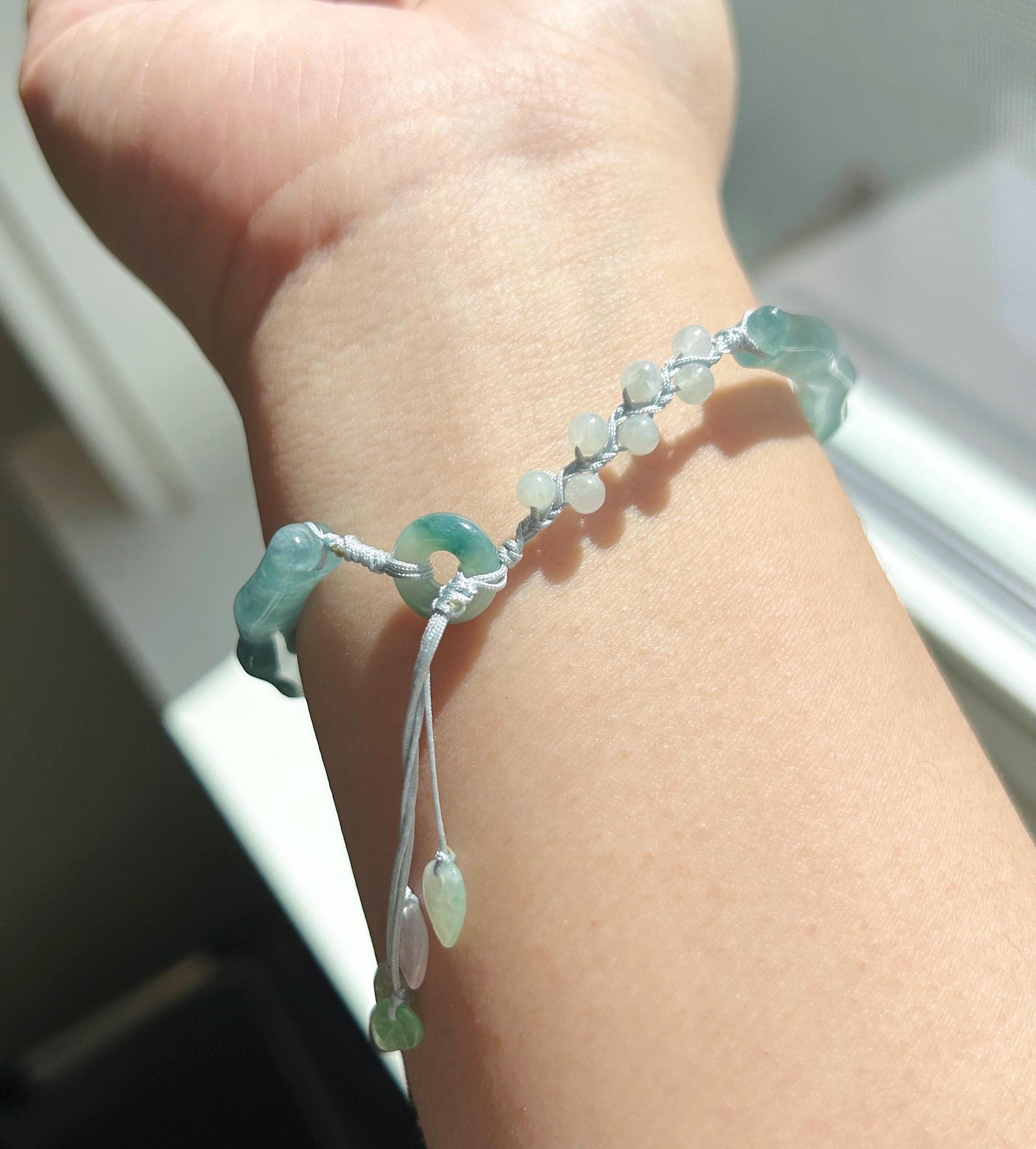 Natural Jadeite Bamboo Half Bangle Bracelet Adjustable 55–61mm Type A Highly Translucent Icy Blue Jade Handwoven Cord Minimalist Zen Style