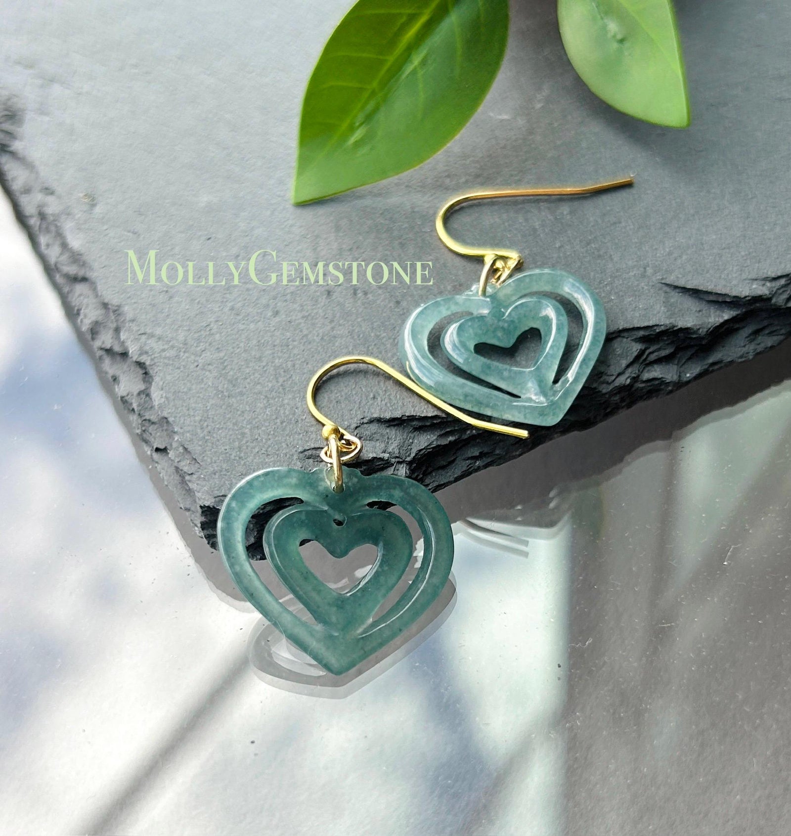 Natural Jadeite Heart Earrings Guatemalan Type A Icy Translucent Bluish Green Jade Gold Vermeil Hooks Mother’s Day Gift