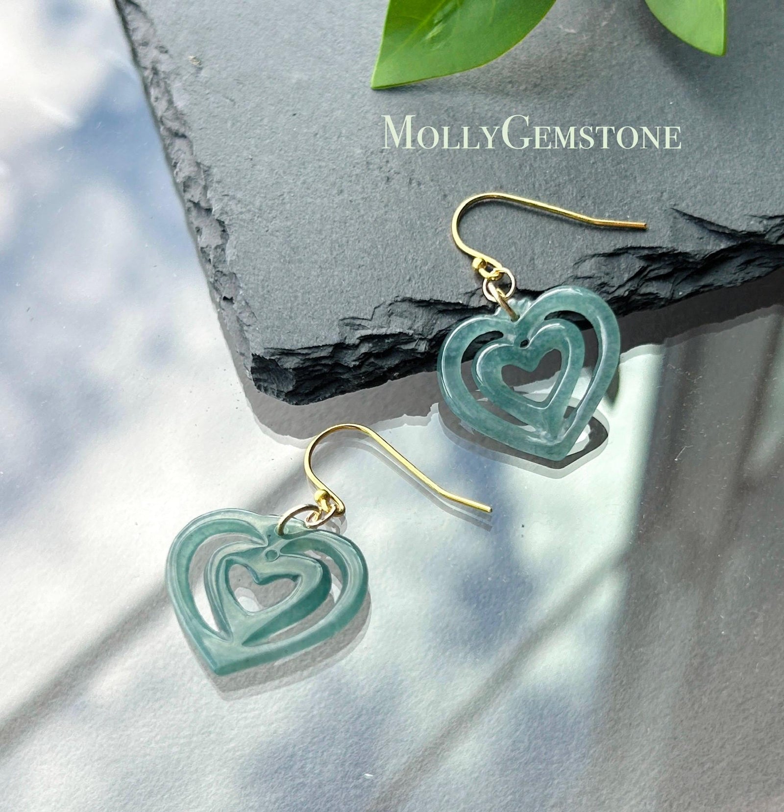 Natural Jadeite Heart Earrings Guatemalan Type A Icy Translucent Bluish Green Jade Gold Vermeil Hooks Mother’s Day Gift
