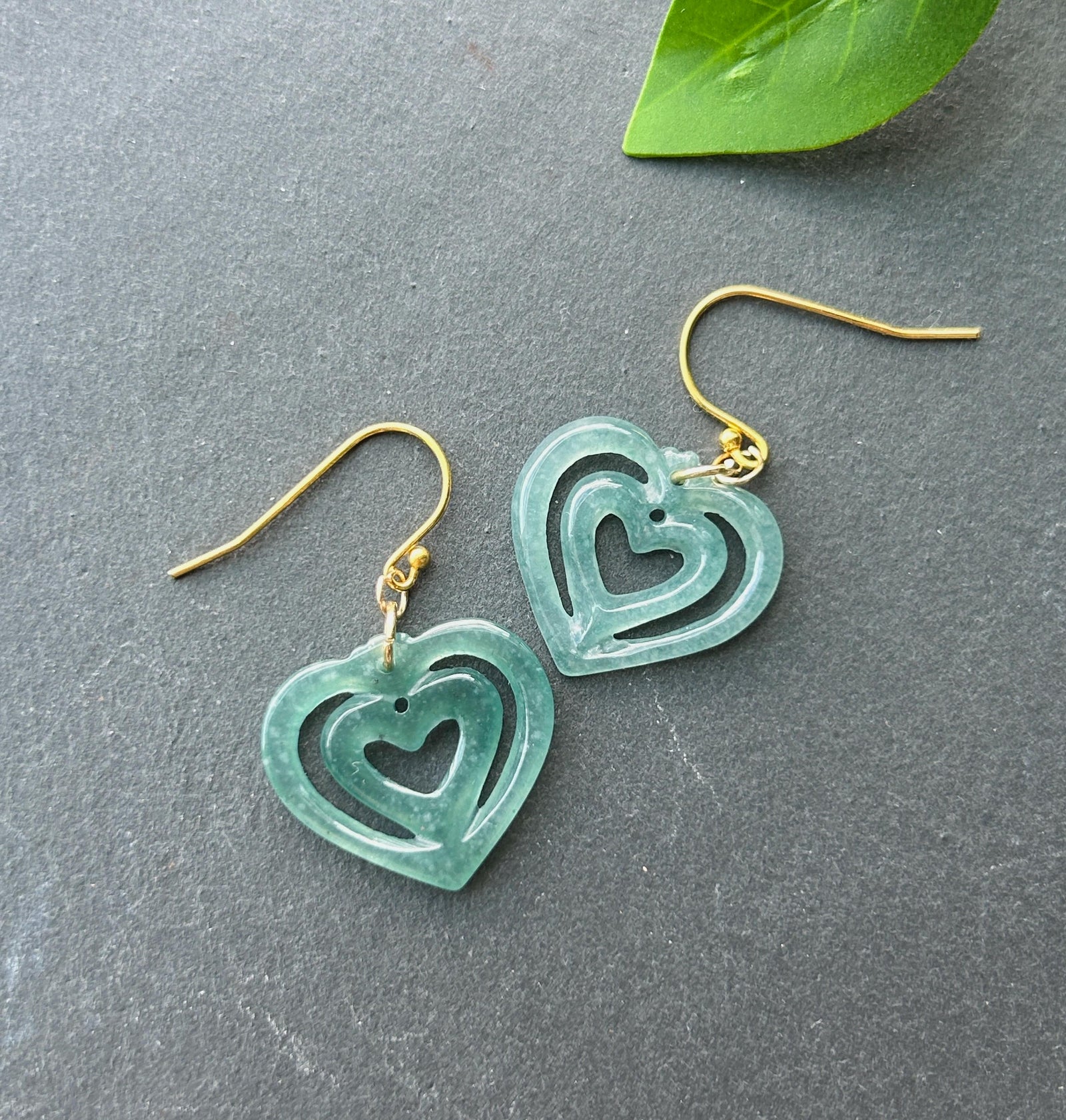 Natural Jadeite Heart Earrings Guatemalan Type A Icy Translucent Bluish Green Jade Gold Vermeil Hooks Mother’s Day Gift