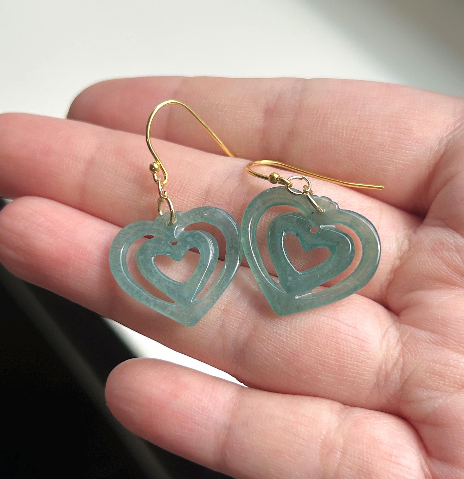 Natural Jadeite Heart Earrings Guatemalan Type A Icy Translucent Bluish Green Jade Gold Vermeil Hooks Mother’s Day Gift