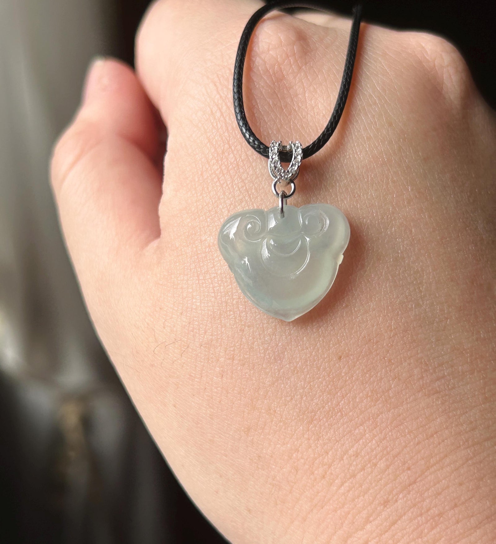 Natural Jade RuYi Lock Pendant | Burmese Type A Highly Translucent Icy Light Blue/ Pale Green Jadeite, 925 Sterling Silver