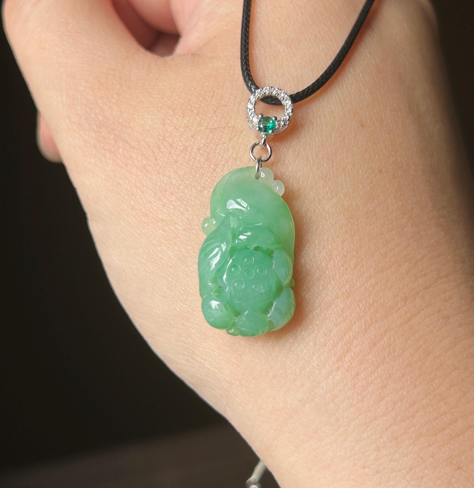 Certified Natural Jade Lotus Pendant | Burmese Type A Translucent Icy Vivid Apple Green Jadeite, 925 Sterling Silver, Double-sided Carving