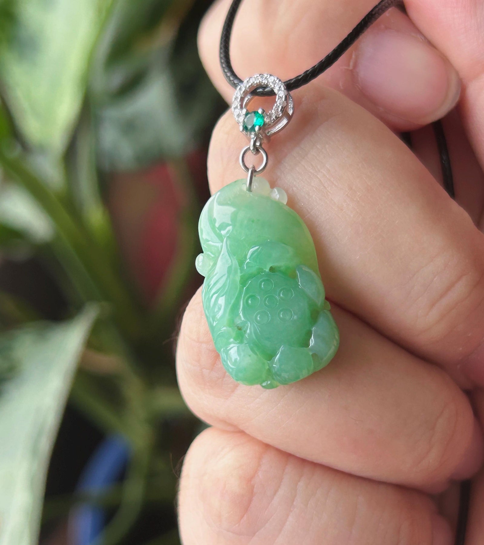 Certified Natural Jade Lotus Pendant | Burmese Type A Translucent Icy Vivid Apple Green Jadeite, 925 Sterling Silver, Double-sided Carving
