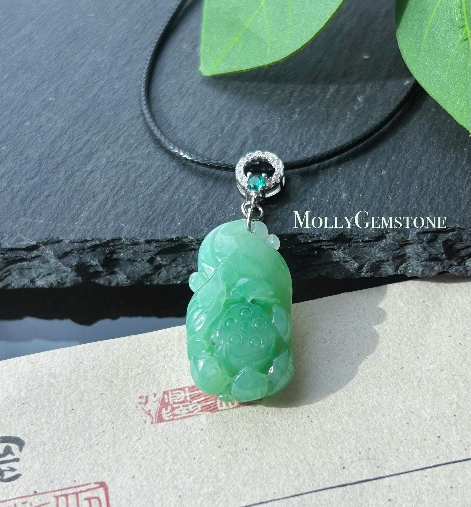 Certified Natural Jade Lotus Pendant | Burmese Type A Translucent Icy Vivid Apple Green Jadeite, 925 Sterling Silver, Double-sided Carving