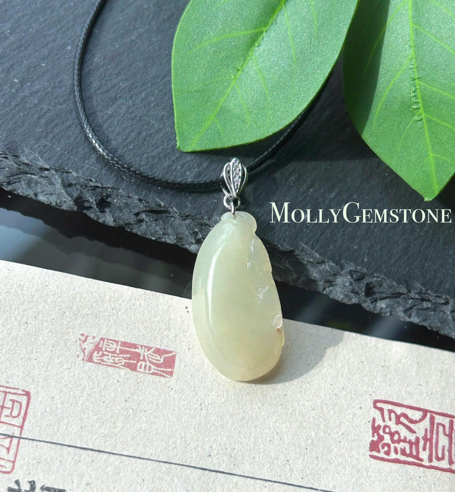 Certified Natural Jade RuYi Gourd Pendant | Burmese Type A Icy Gelatinous Light Honey Yellow Jadeite, 925 Sterling Silver