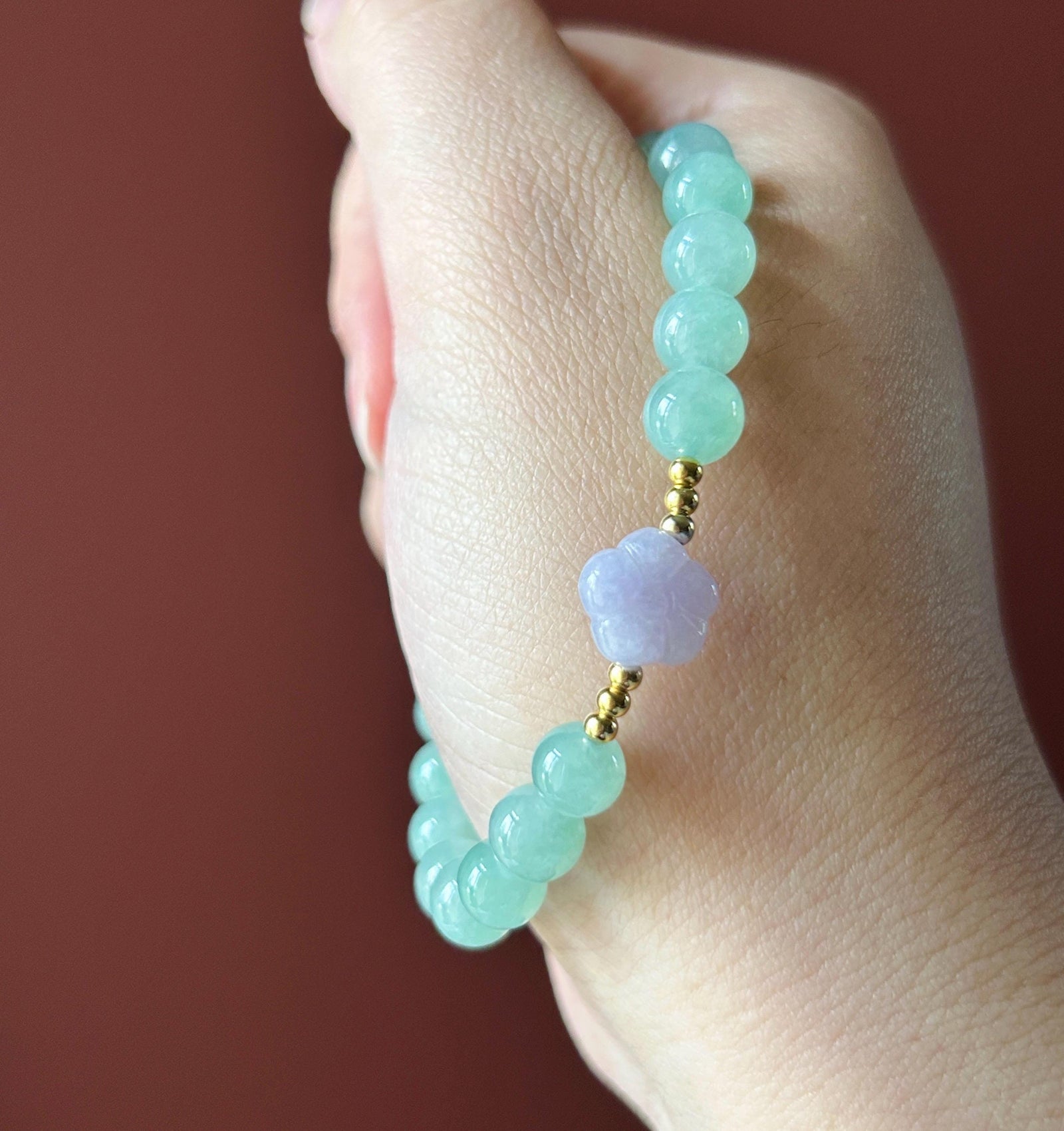 Natural Jadeite Beaded Bracelet | Burmese Type A Highly Translucent Icy Apple Green & Lavender Jade 7mm Designer Minimalist Jewelry