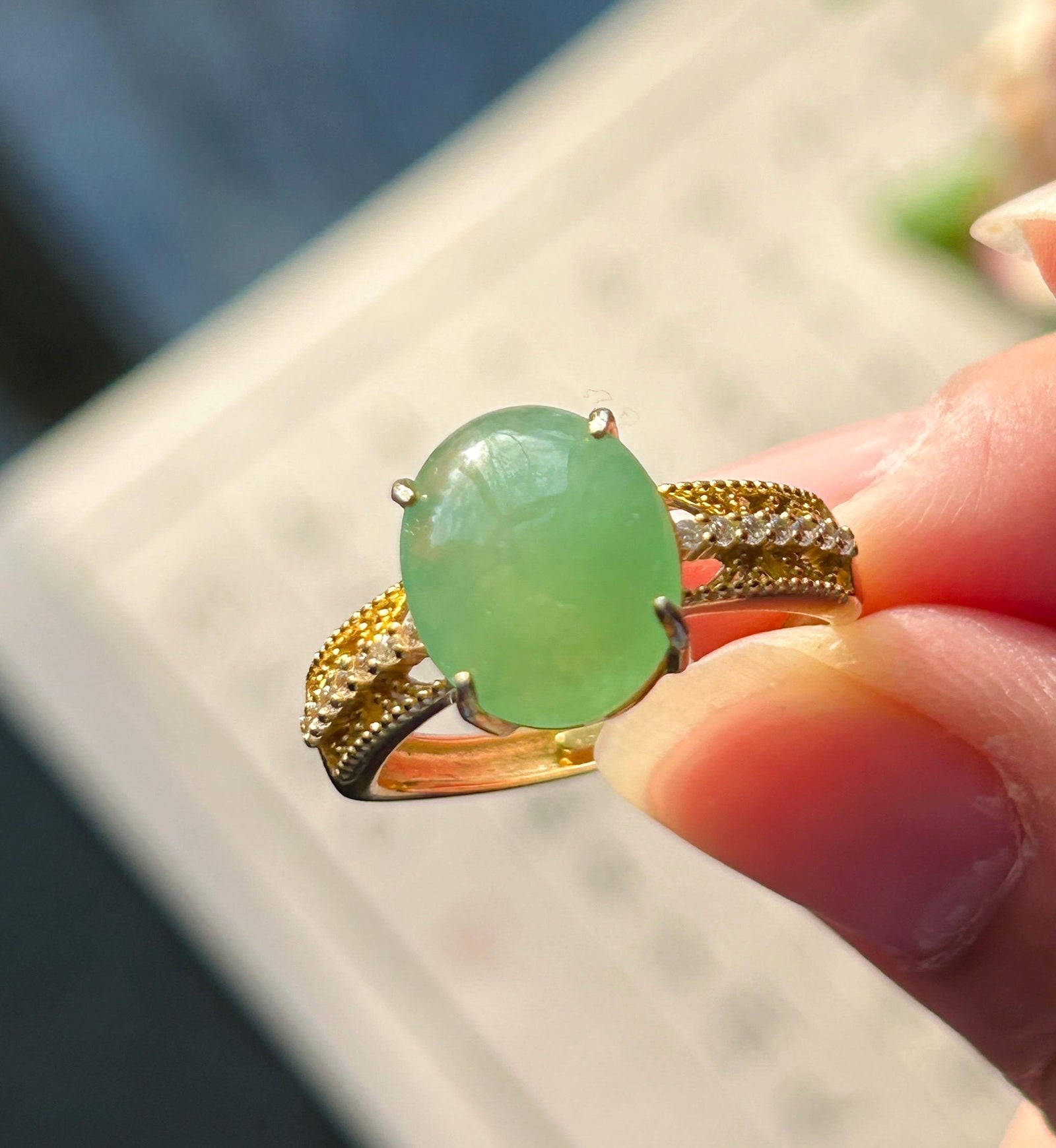 Certified Natural Jadeite Ring Mother’s Day Gift Burmese Type A Large fine glutinous Bright Apple Green Jade 12x10mm| 18k Gold Vermeil