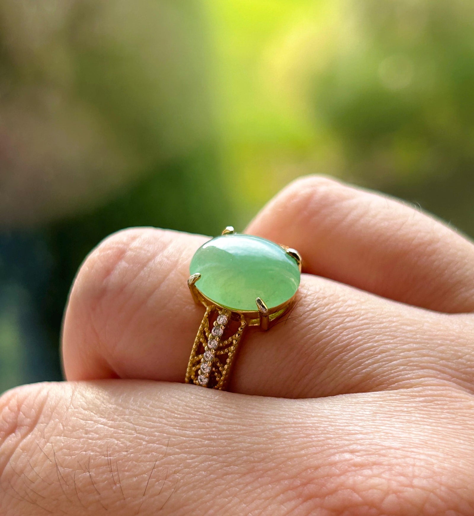 Certified Natural Jadeite Ring Mother’s Day Gift Burmese Type A Large fine glutinous Bright Apple Green Jade 12x10mm| 18k Gold Vermeil