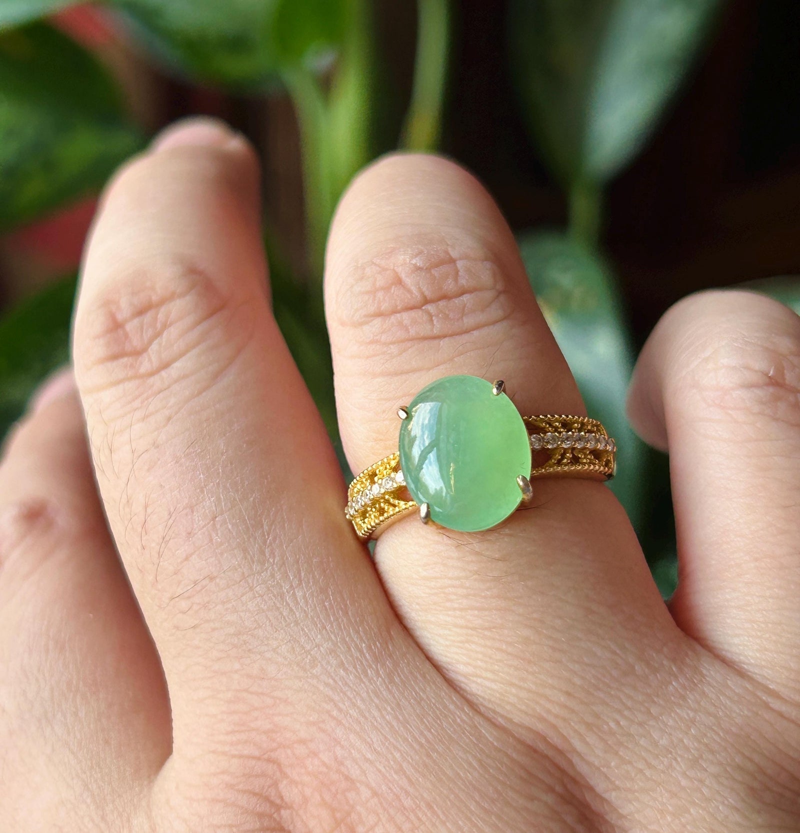 Certified Natural Jadeite Ring Mother’s Day Gift Burmese Type A Large fine glutinous Bright Apple Green Jade 12x10mm| 18k Gold Vermeil