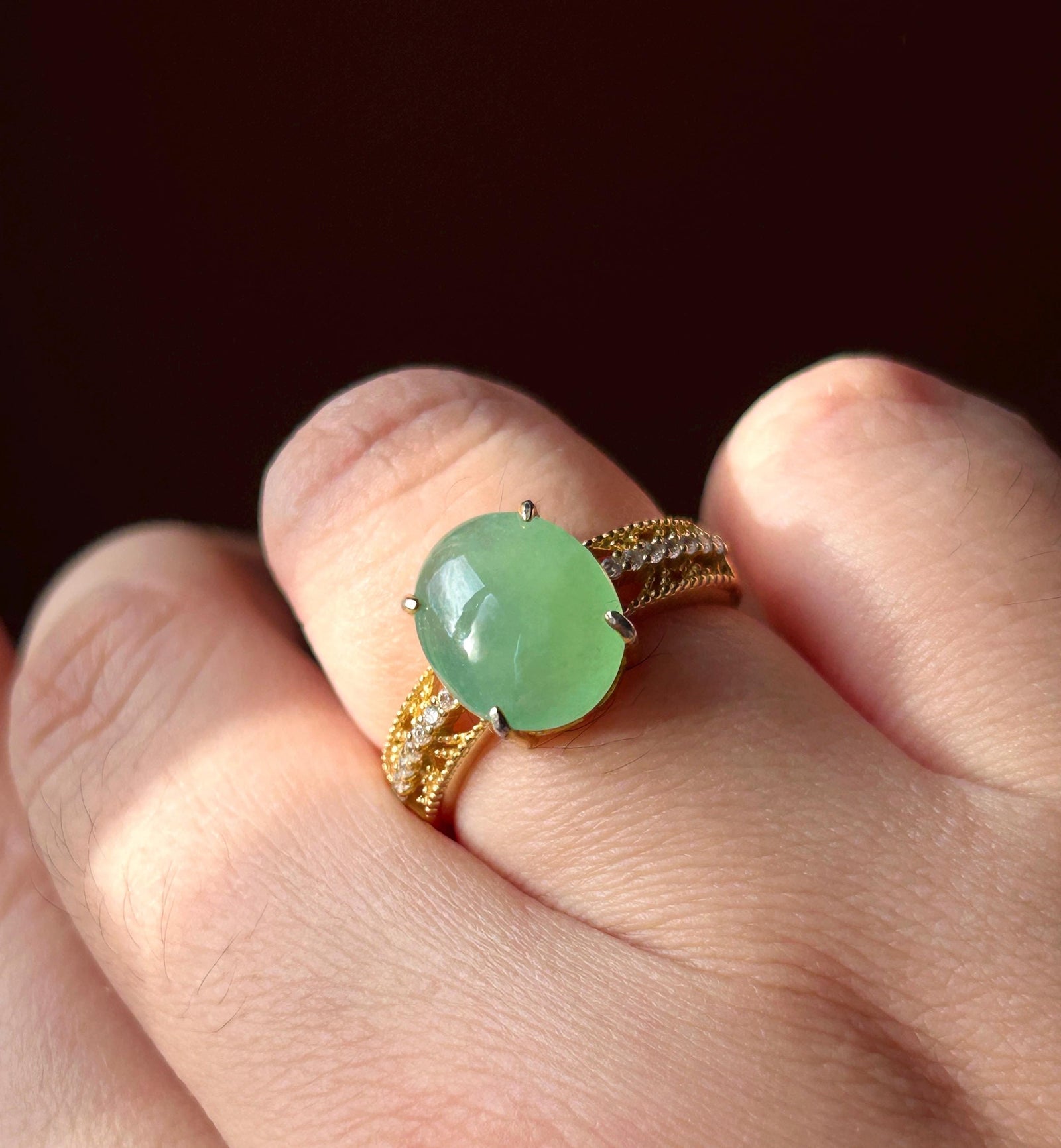 Certified Natural Jadeite Ring Mother’s Day Gift Burmese Type A Large fine glutinous Bright Apple Green Jade 12x10mm| 18k Gold Vermeil