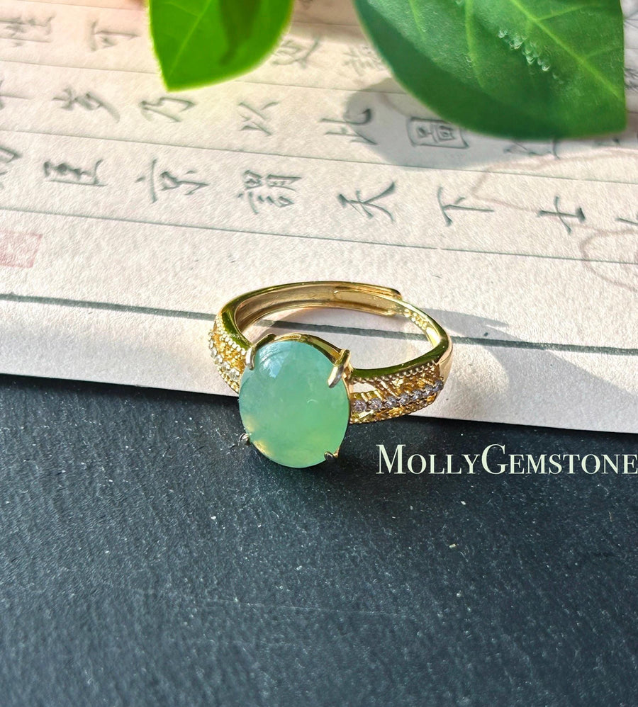 Certified Natural Jadeite Ring Mother’s Day Gift Burmese Type A Large fine glutinous Bright Apple Green Jade 12x10mm| 18k Gold Vermeil
