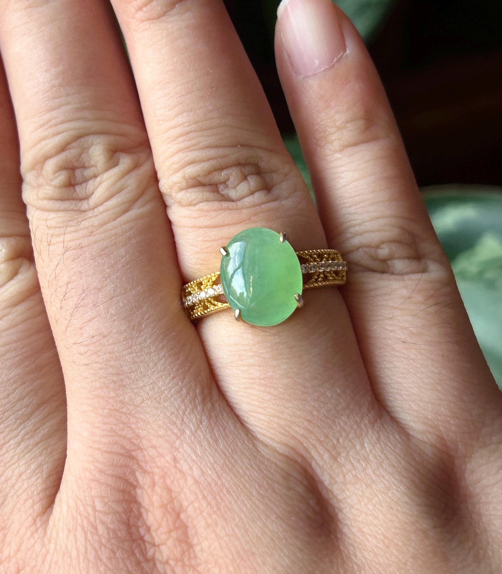 Certified Natural Jadeite Ring Mother’s Day Gift Burmese Type A Large fine glutinous Bright Apple Green Jade 12x10mm| 18k Gold Vermeil