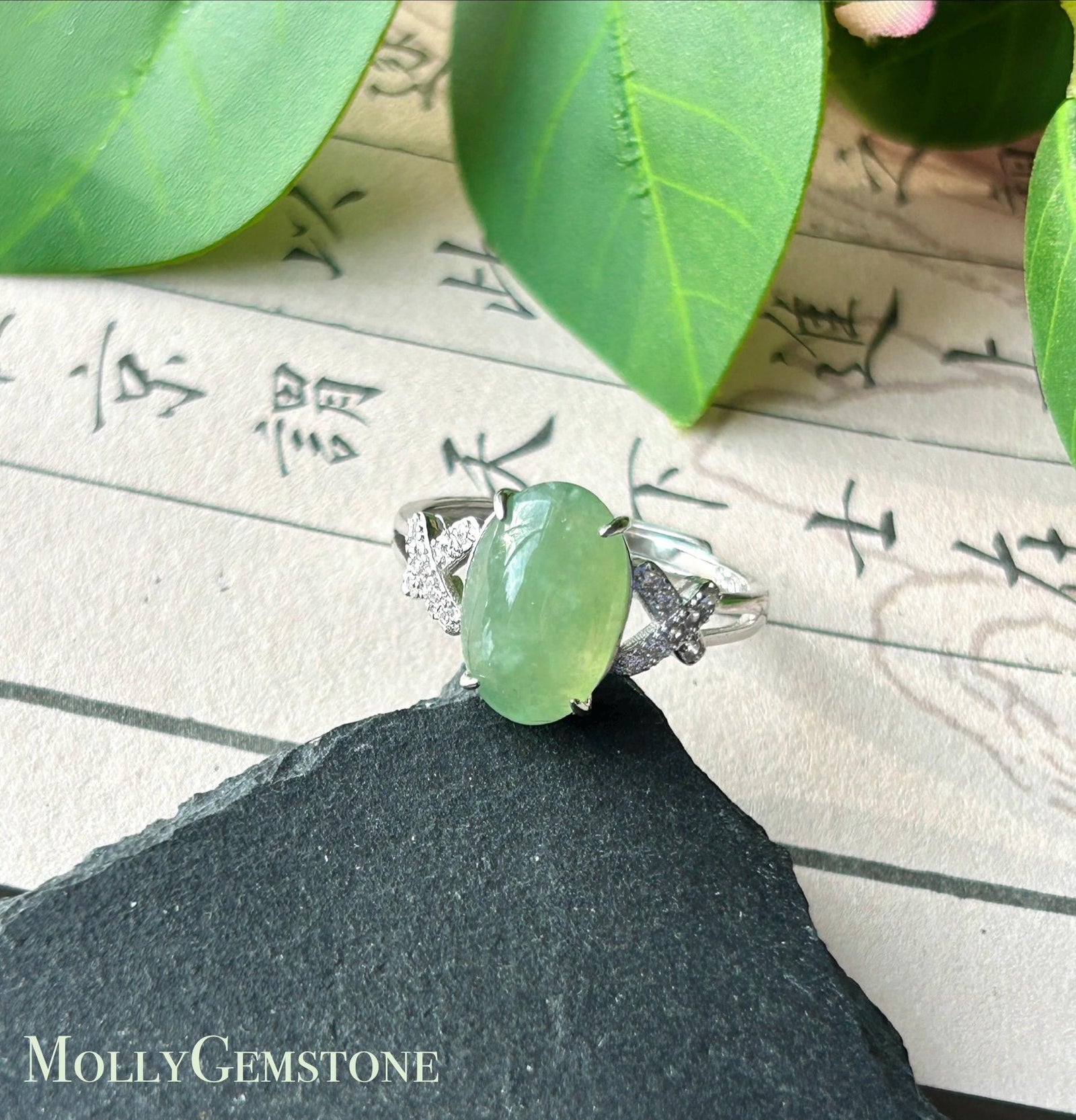 Certified Natural Jadeite Ring Mother’s Day Gift Burmese Type A fine glutinous Yellowish Green Oval Cabochon Jade 12x7.7mm| Sterling Silver
