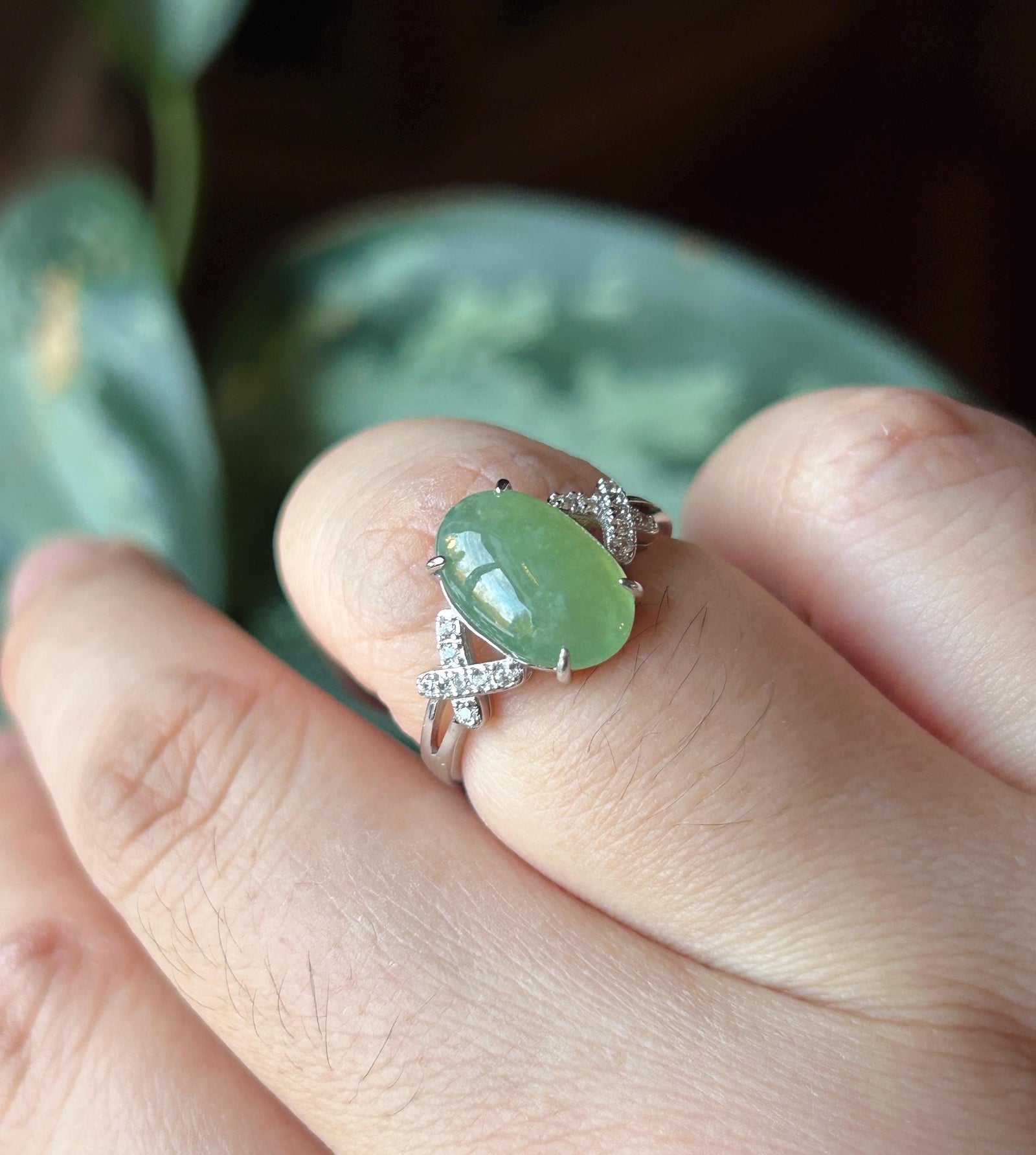 Certified Natural Jadeite Ring Mother’s Day Gift Burmese Type A fine glutinous Yellowish Green Oval Cabochon Jade 12x7.7mm| Sterling Silver