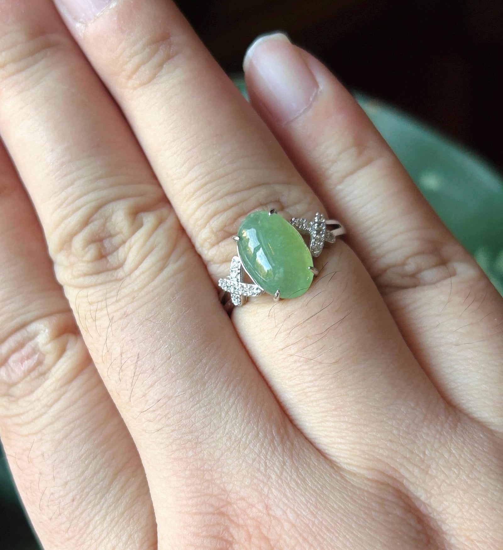 Certified Natural Jadeite Ring Mother’s Day Gift Burmese Type A fine glutinous Yellowish Green Oval Cabochon Jade 12x7.7mm| Sterling Silver