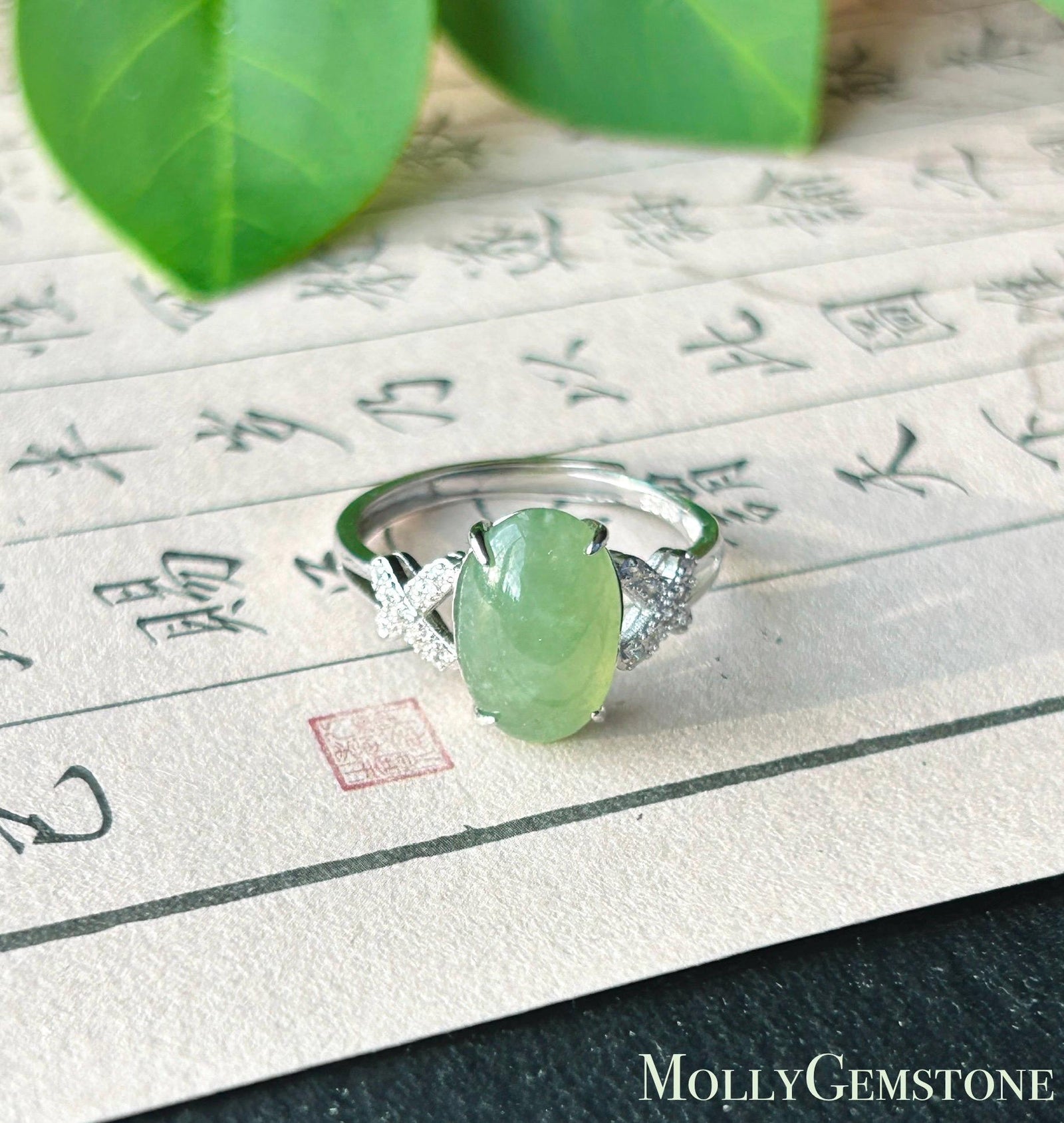 Certified Natural Jadeite Ring Mother’s Day Gift Burmese Type A fine glutinous Yellowish Green Oval Cabochon Jade 12x7.7mm| Sterling Silver
