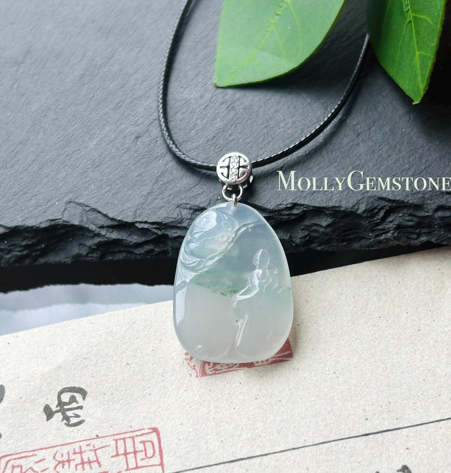 Certified Natural Jade Lotus & Enlightenment Pendant | Burmese Type A Highly Translucent Icy White Green Floral Jadeite, 925 Sterling Silver
