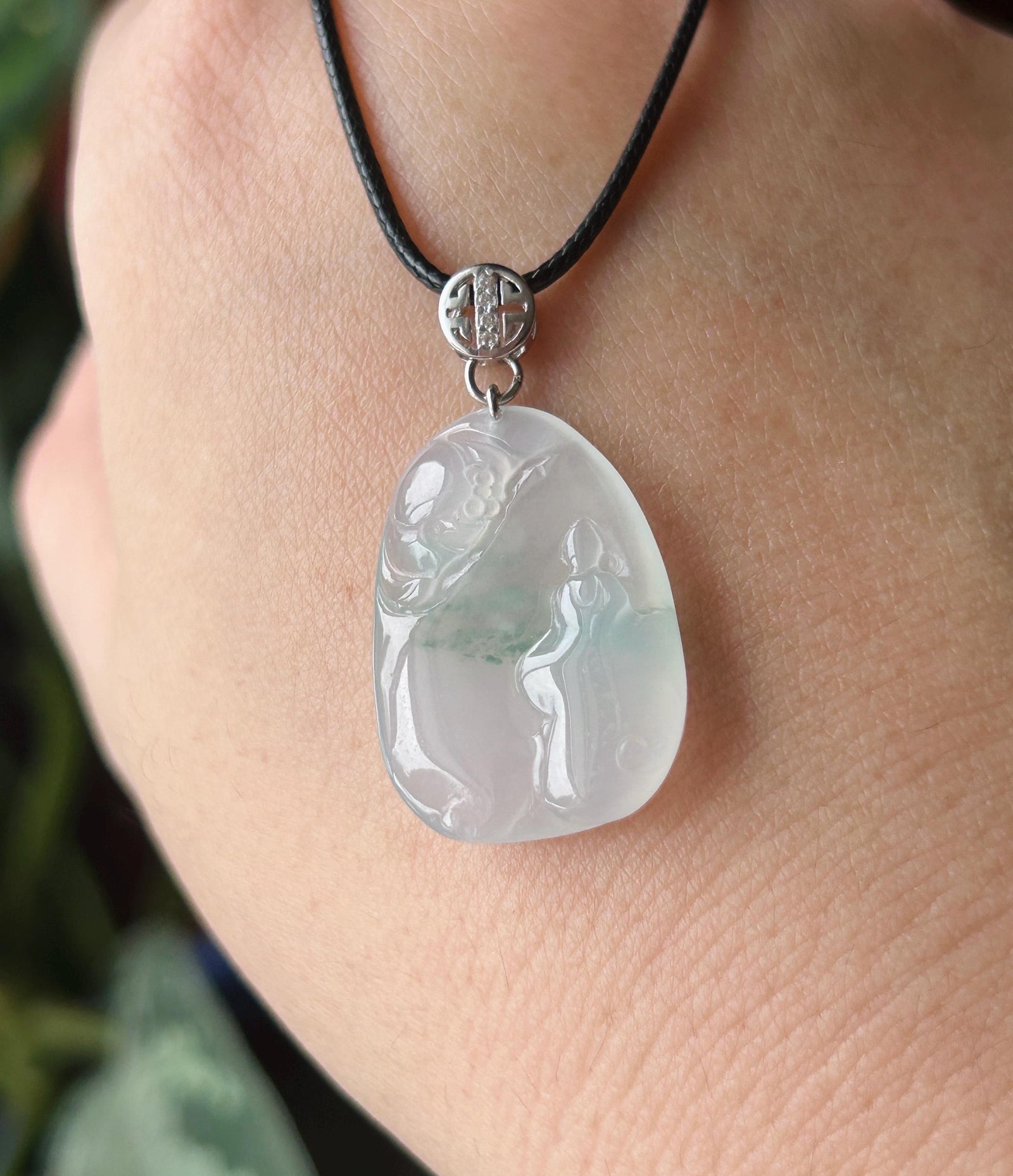 Certified Natural Jade Lotus & Enlightenment Pendant | Burmese Type A Highly Translucent Icy White Green Floral Jadeite, 925 Sterling Silver