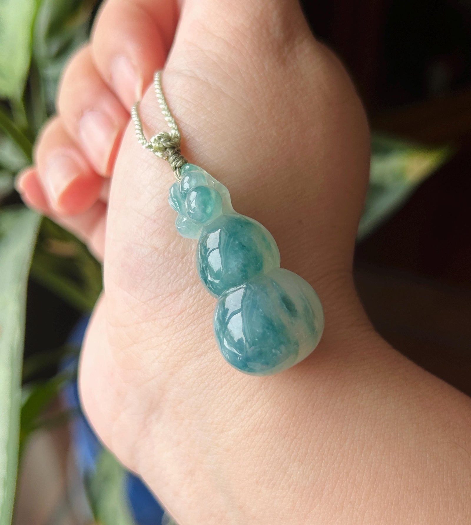 Certified Natural Jade Hulu Pendant Handwoven Necklace| Burmese Type A Highly Translucent Icy Denim Blue Jadeite