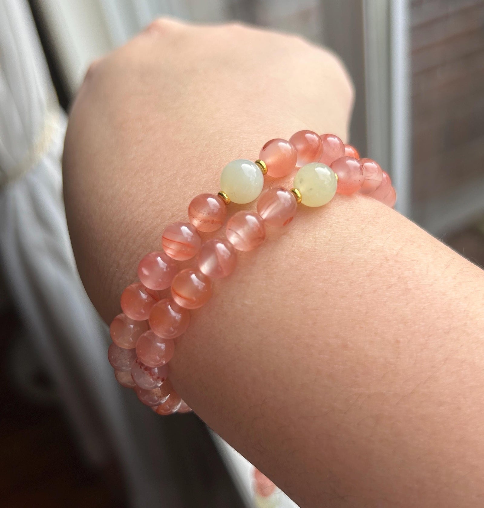 Natural Nanhong Agate Designer Double-Wrap Bracelet 7.3mm Highly Translucent Icy Floral Southern Red Agate & Nephrite Jade