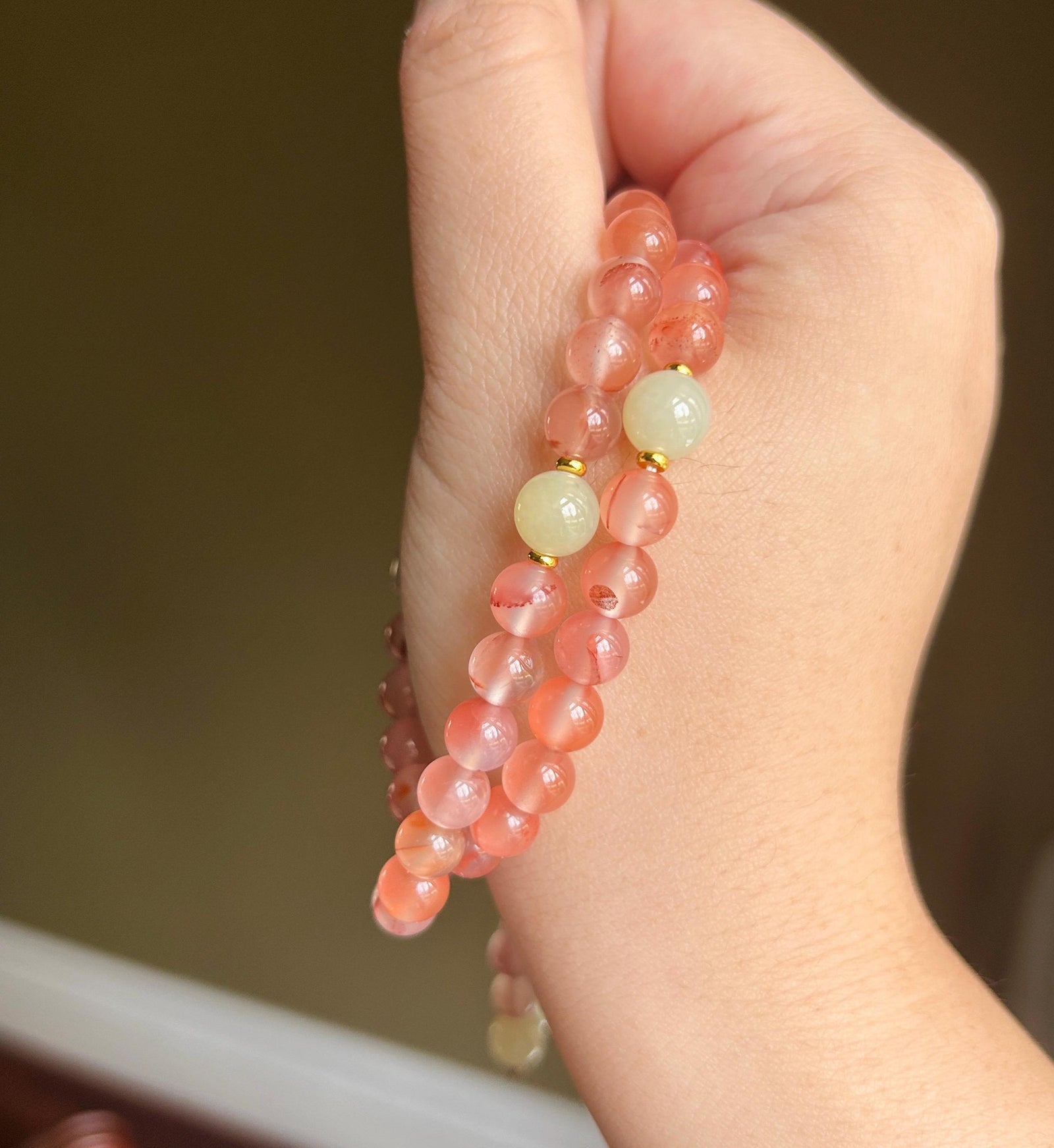 Natural Nanhong Agate Designer Double-Wrap Bracelet 7.3mm Highly Translucent Icy Floral Southern Red Agate & Nephrite Jade