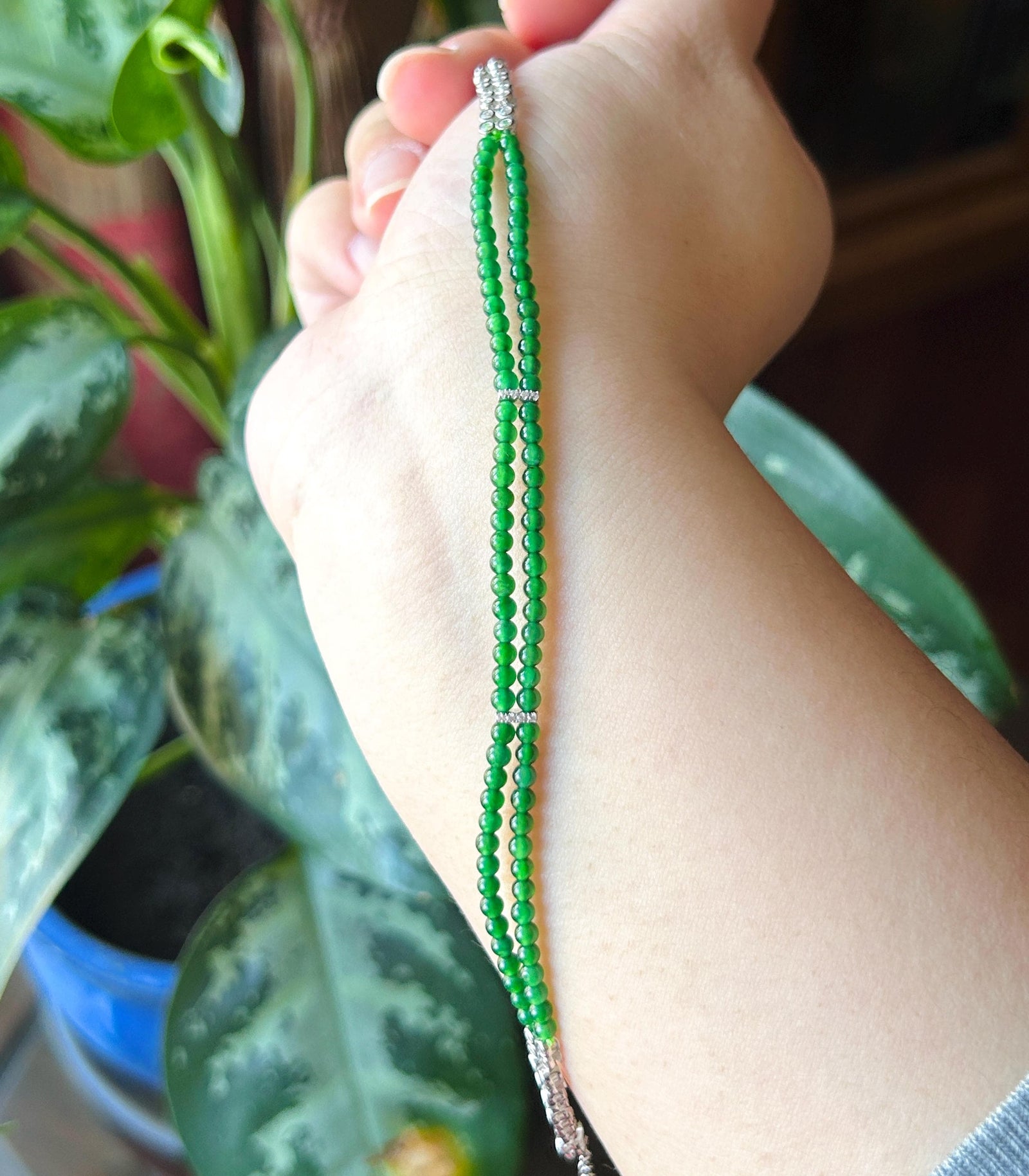 Natural Jadeite Beaded Bracelet, Guatemalan Type A Highly Translucent Icy Spicy Emerald Green Jade | 925 Sterling Silver