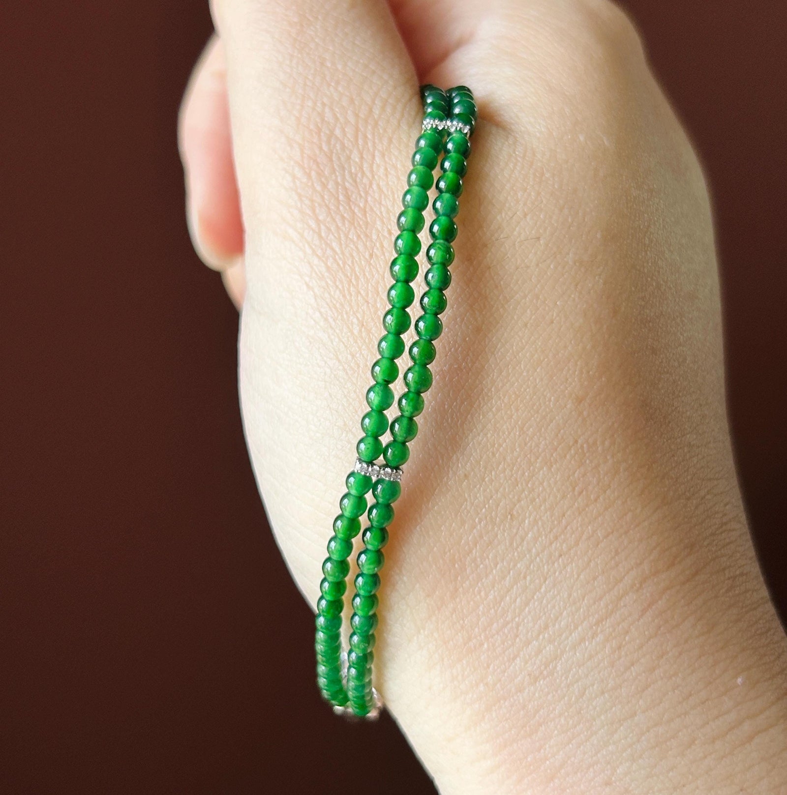 Natural Jadeite Beaded Bracelet, Guatemalan Type A Highly Translucent Icy Spicy Emerald Green Jade | 925 Sterling Silver