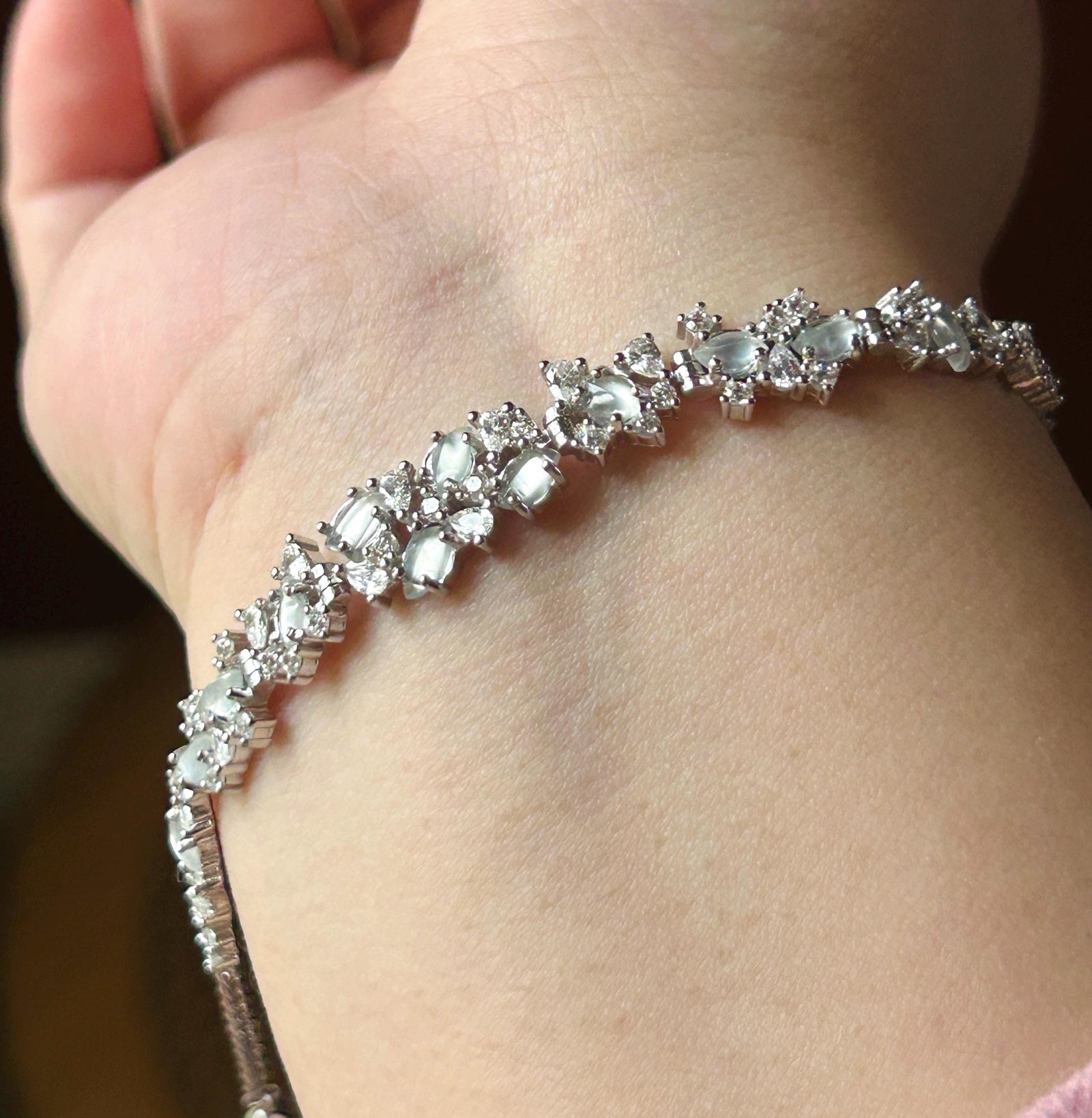 Certified Natural Jadeite Marquise Bracelet, Burmese Type A Superior Translucency Icy White Fine Jade in 925 Sterling Silver