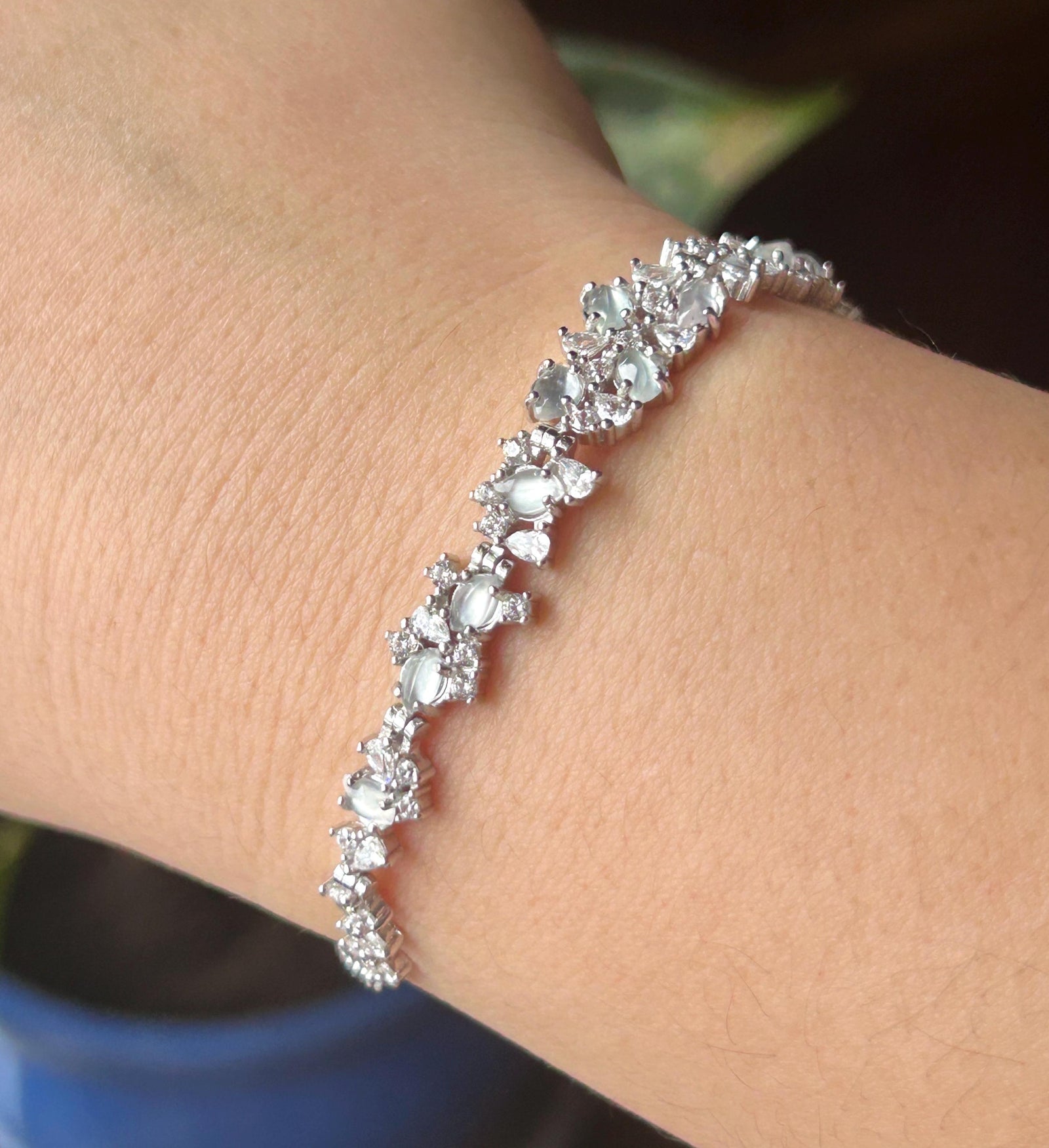 Certified Natural Jadeite Marquise Bracelet, Burmese Type A Superior Translucency Icy White Fine Jade in 925 Sterling Silver