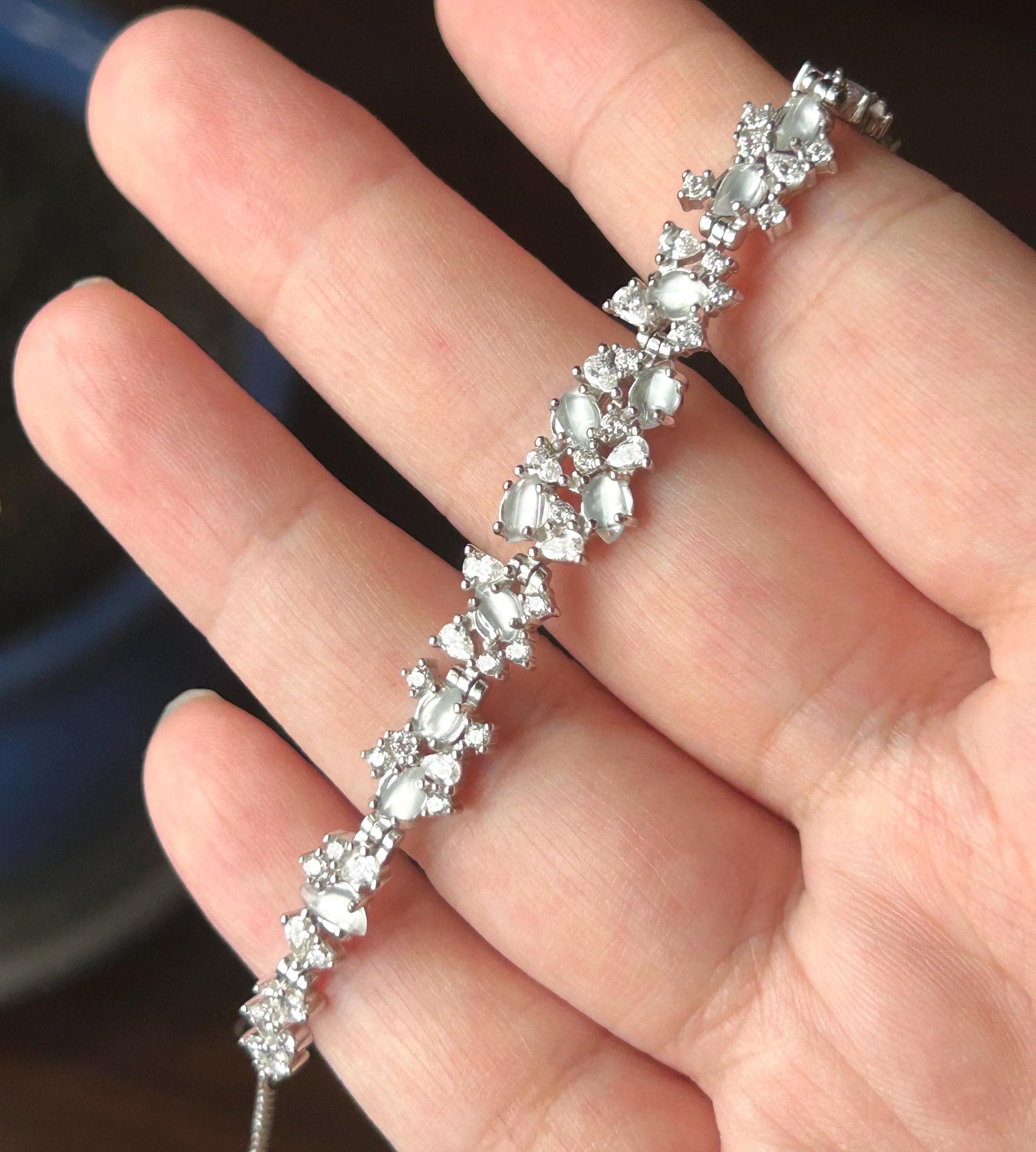 Certified Natural Jadeite Marquise Bracelet, Burmese Type A Superior Translucency Icy White Fine Jade in 925 Sterling Silver