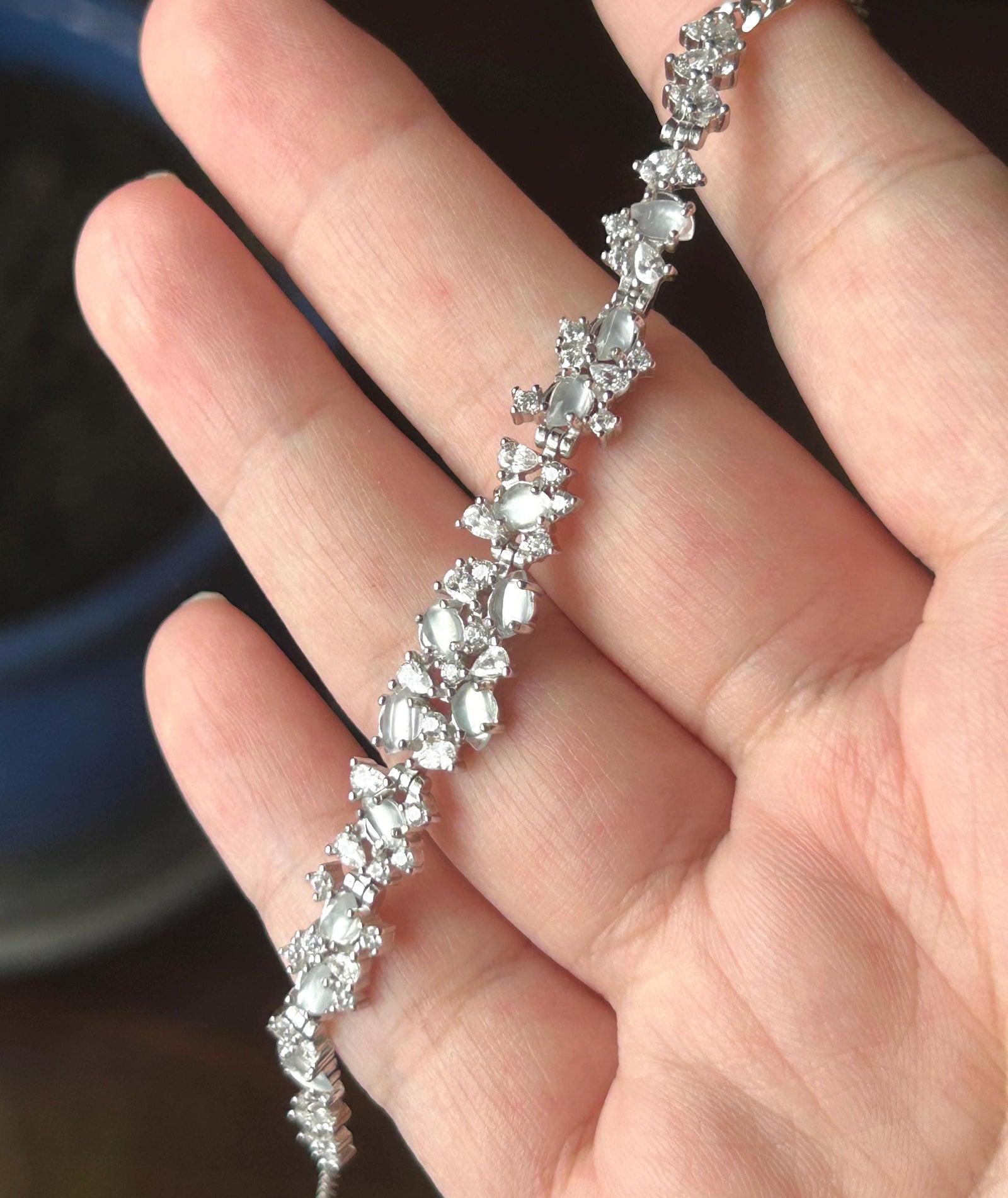 Certified Natural Jadeite Marquise Bracelet, Burmese Type A Superior Translucency Icy White Fine Jade in 925 Sterling Silver