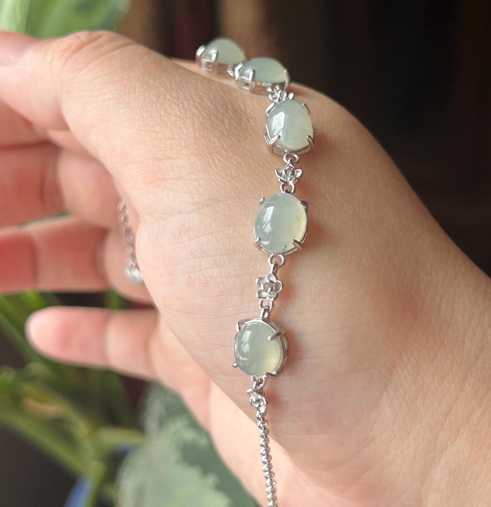 Natural Jadeite Cabochon Bracelet, Burmese Type A Icy Translucent Grayish Soft Blue/Green Jade in 925 Sterling Silver
