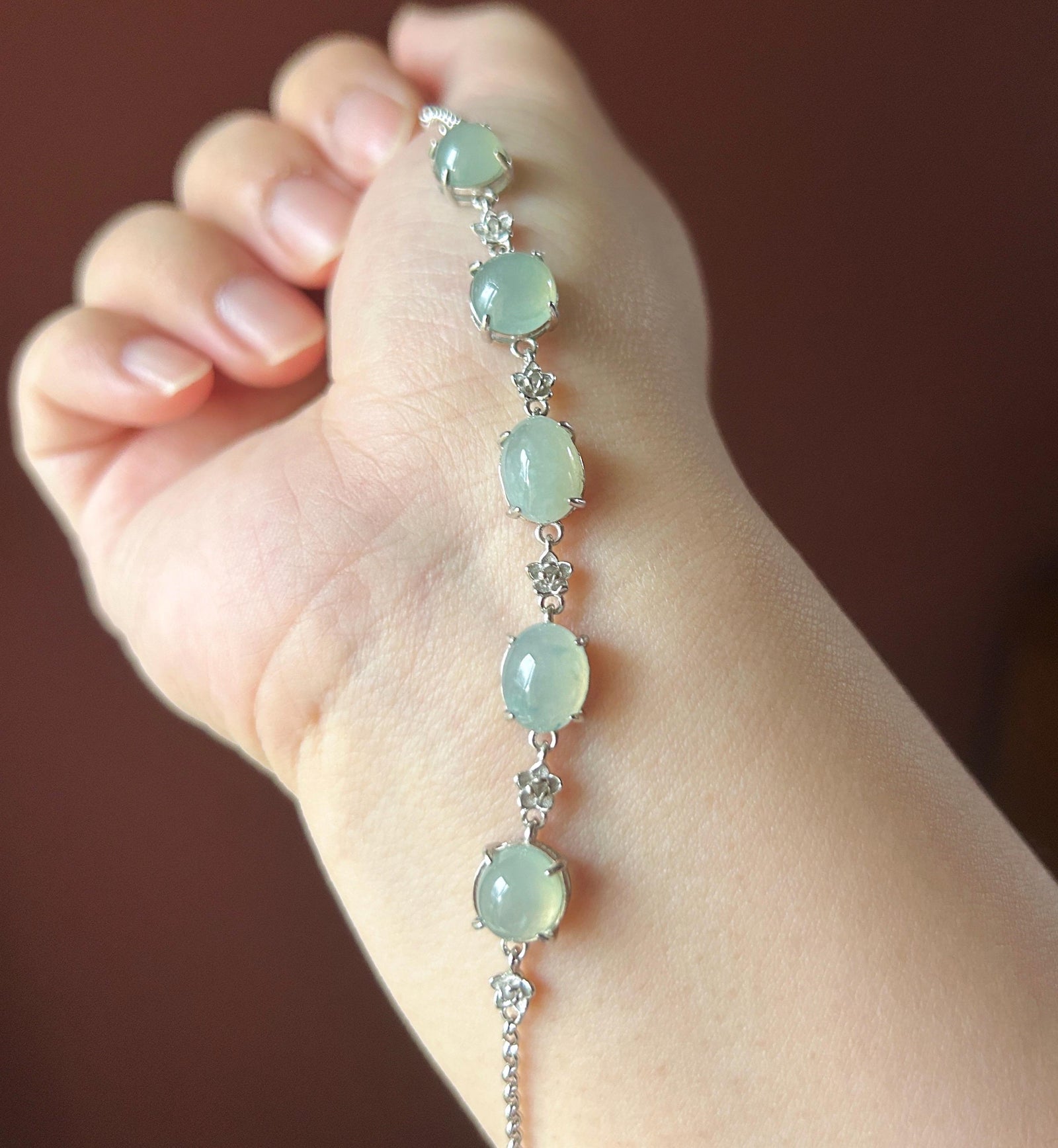 Natural Jadeite Cabochon Bracelet, Burmese Type A Icy Translucent Grayish Soft Blue/Green Jade in 925 Sterling Silver